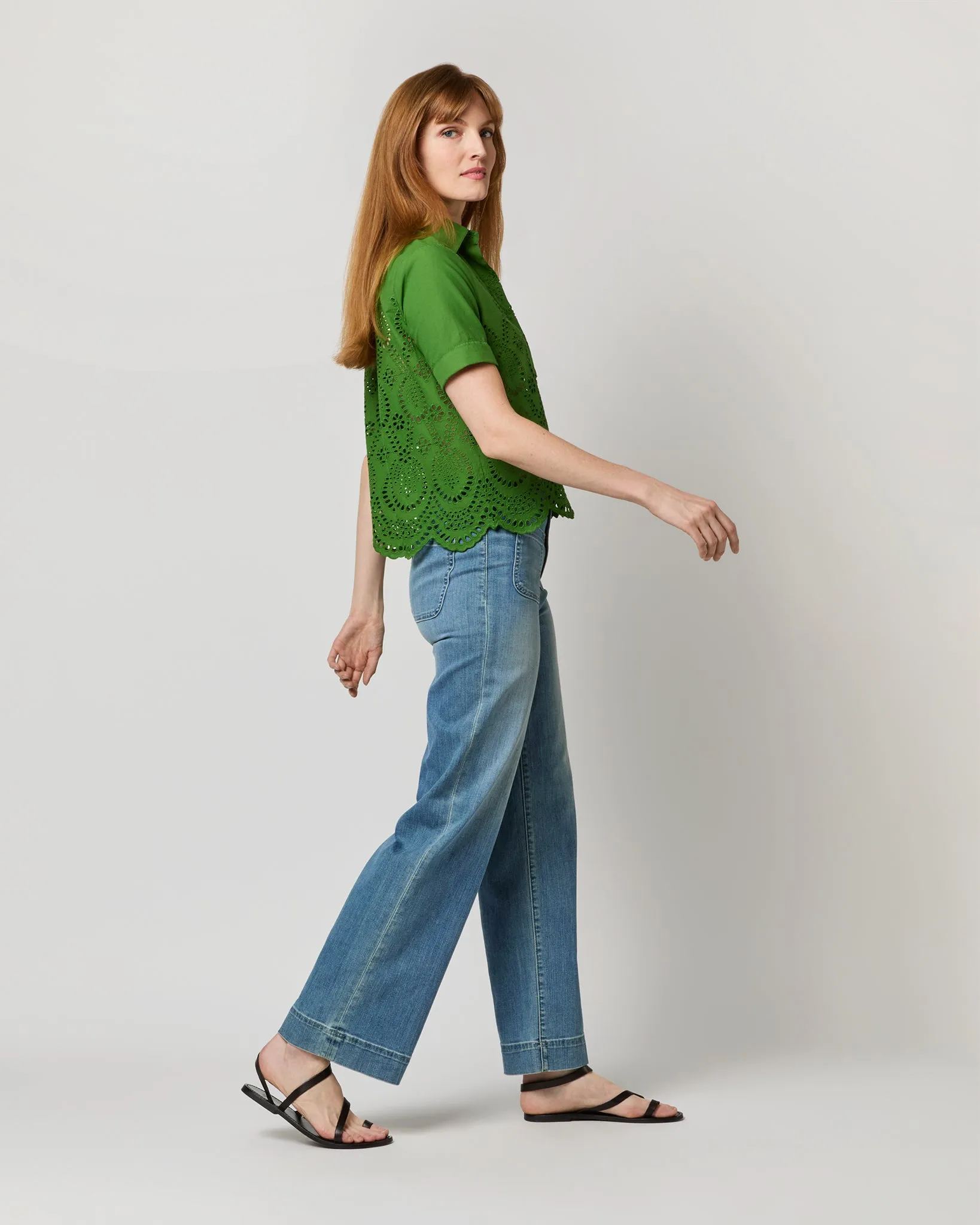 Carol Short-Sleeved Shirt in Green Eyelet