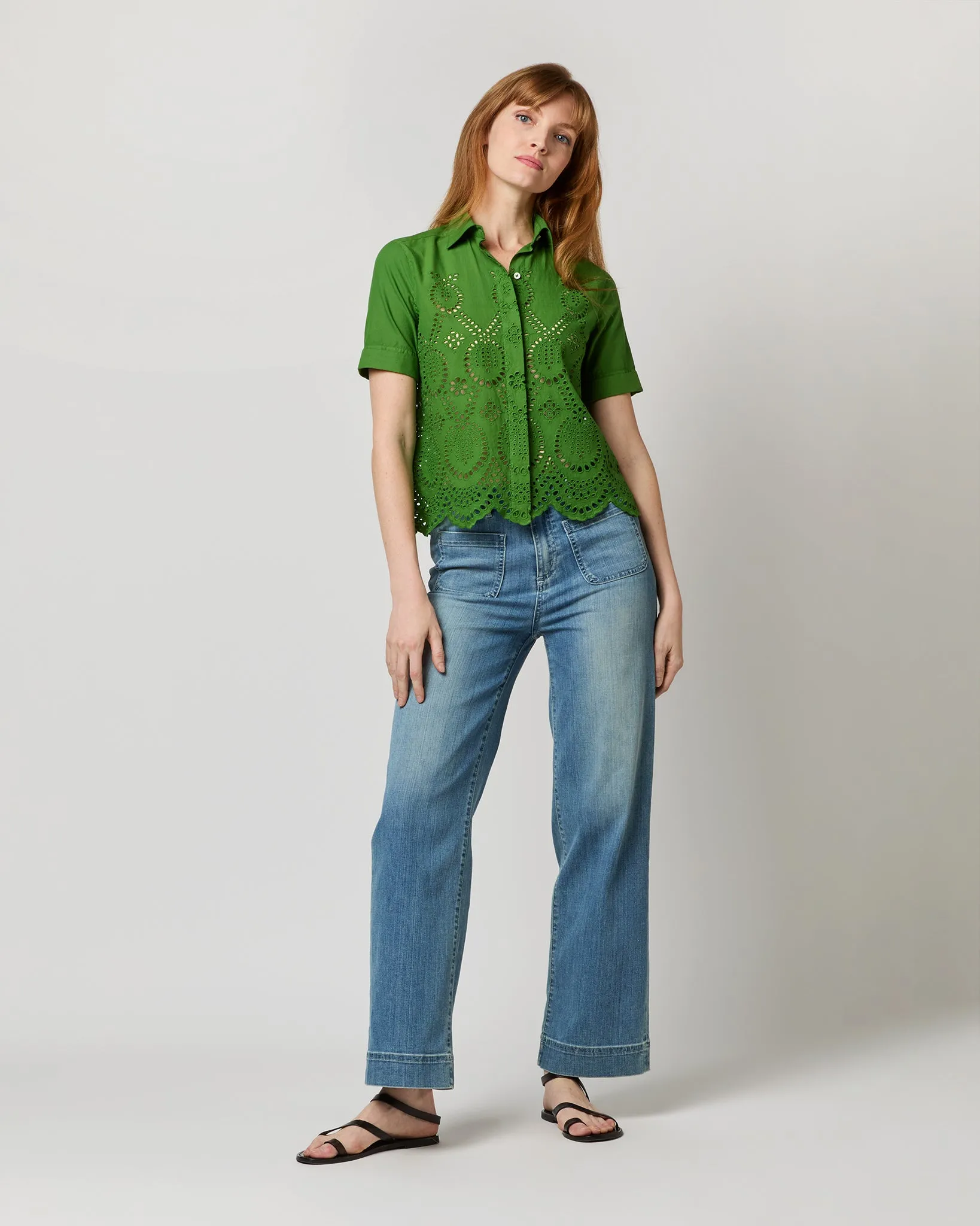 Carol Short-Sleeved Shirt in Green Eyelet