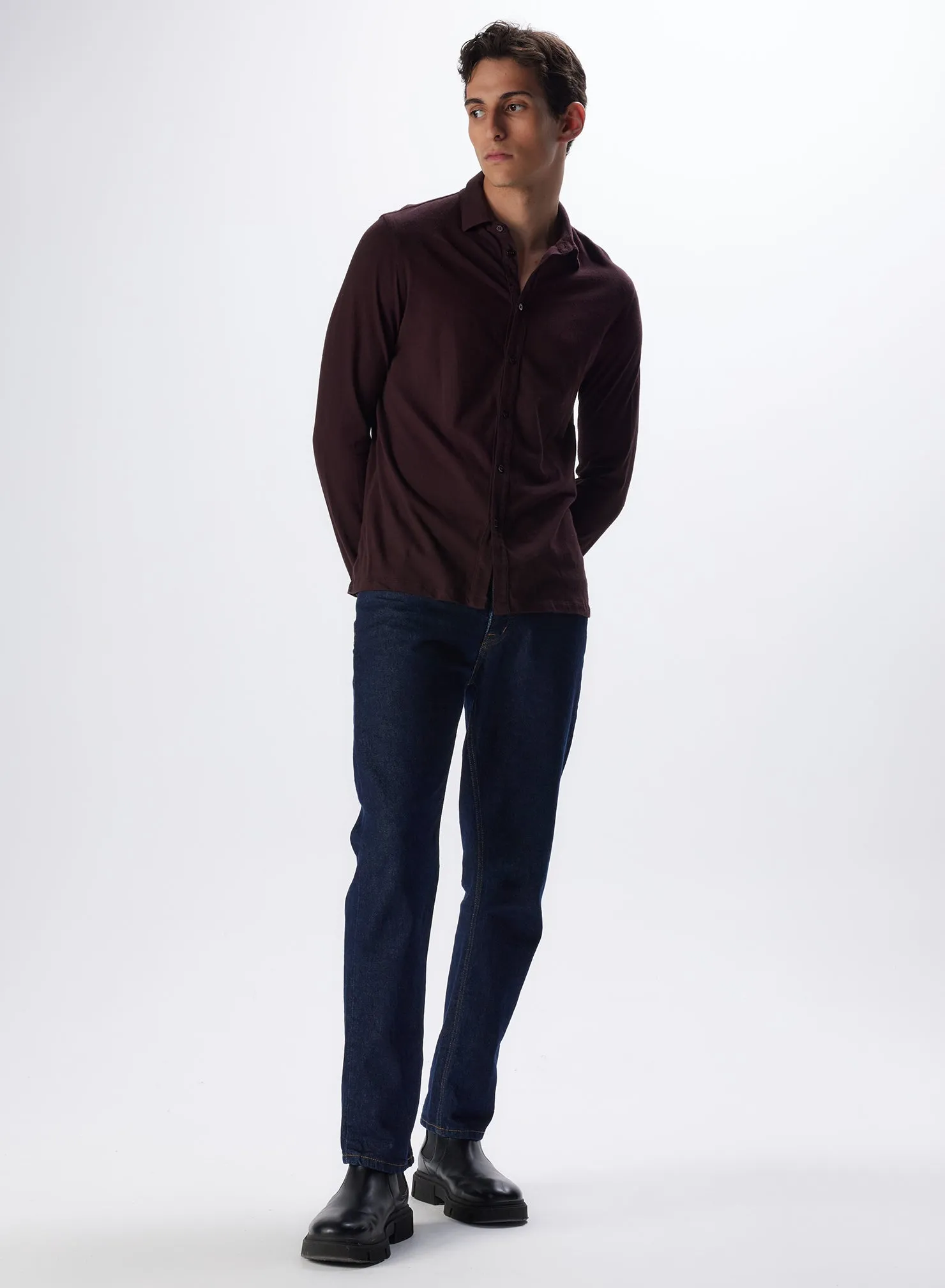 Chemise Aubergine Manches Longues en Coton et Cachemire