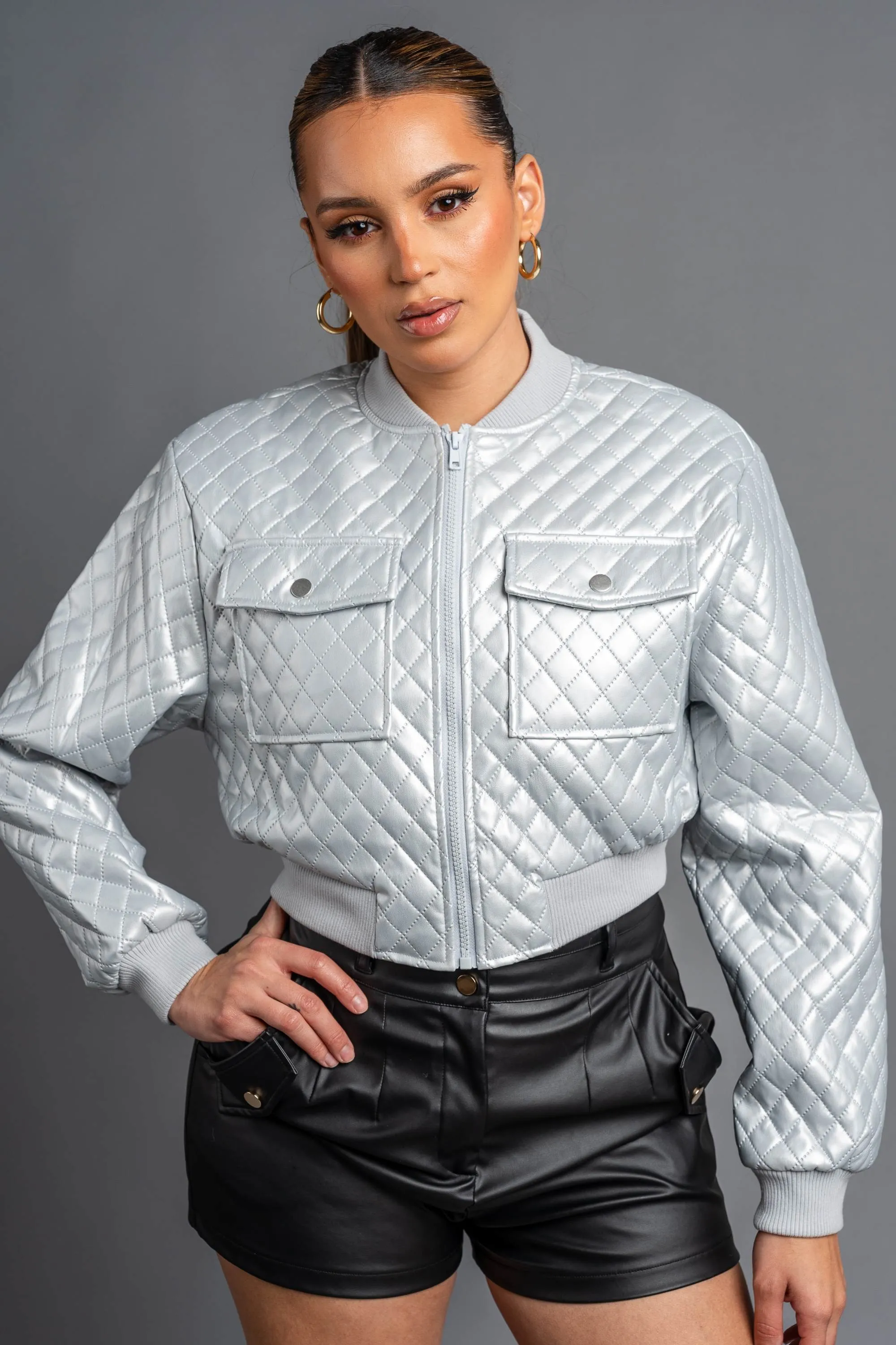 CHIC QUILTED PLEATER CROPPED PU BOMBER JACKET
