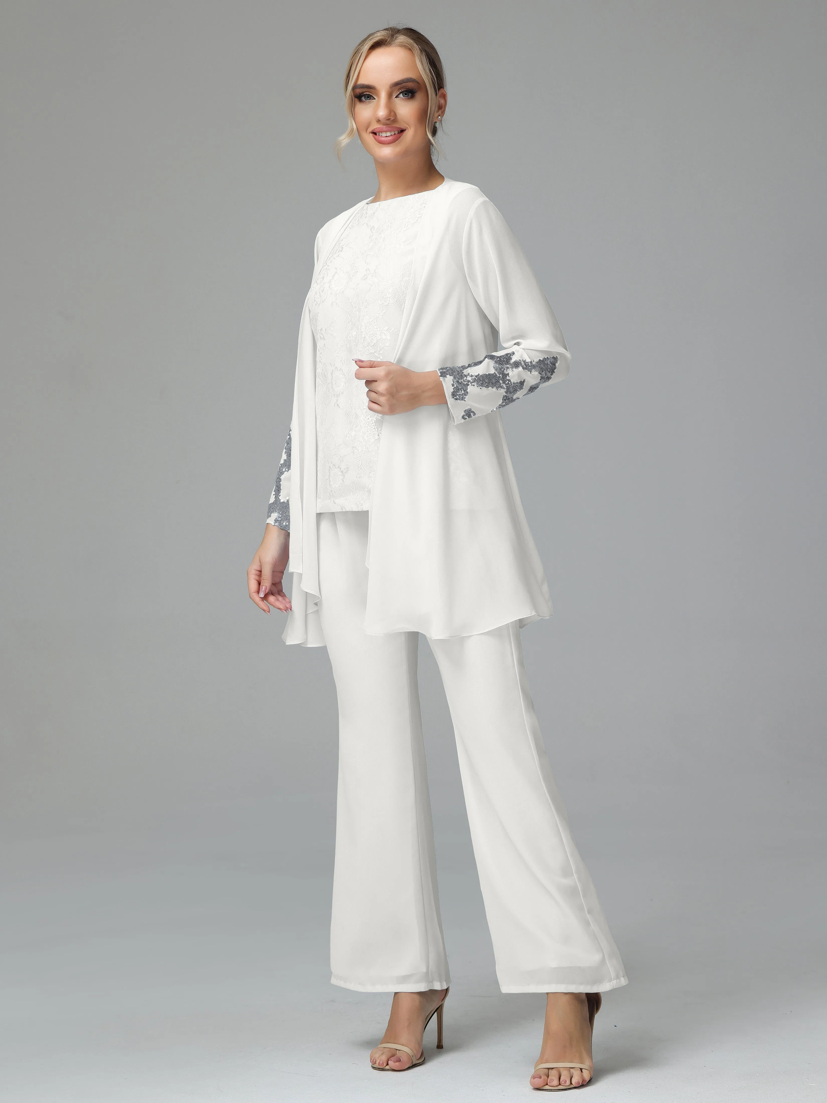 Chiffon 3 Pieces Mother of the Bride Dress Pant Suits With Appliques