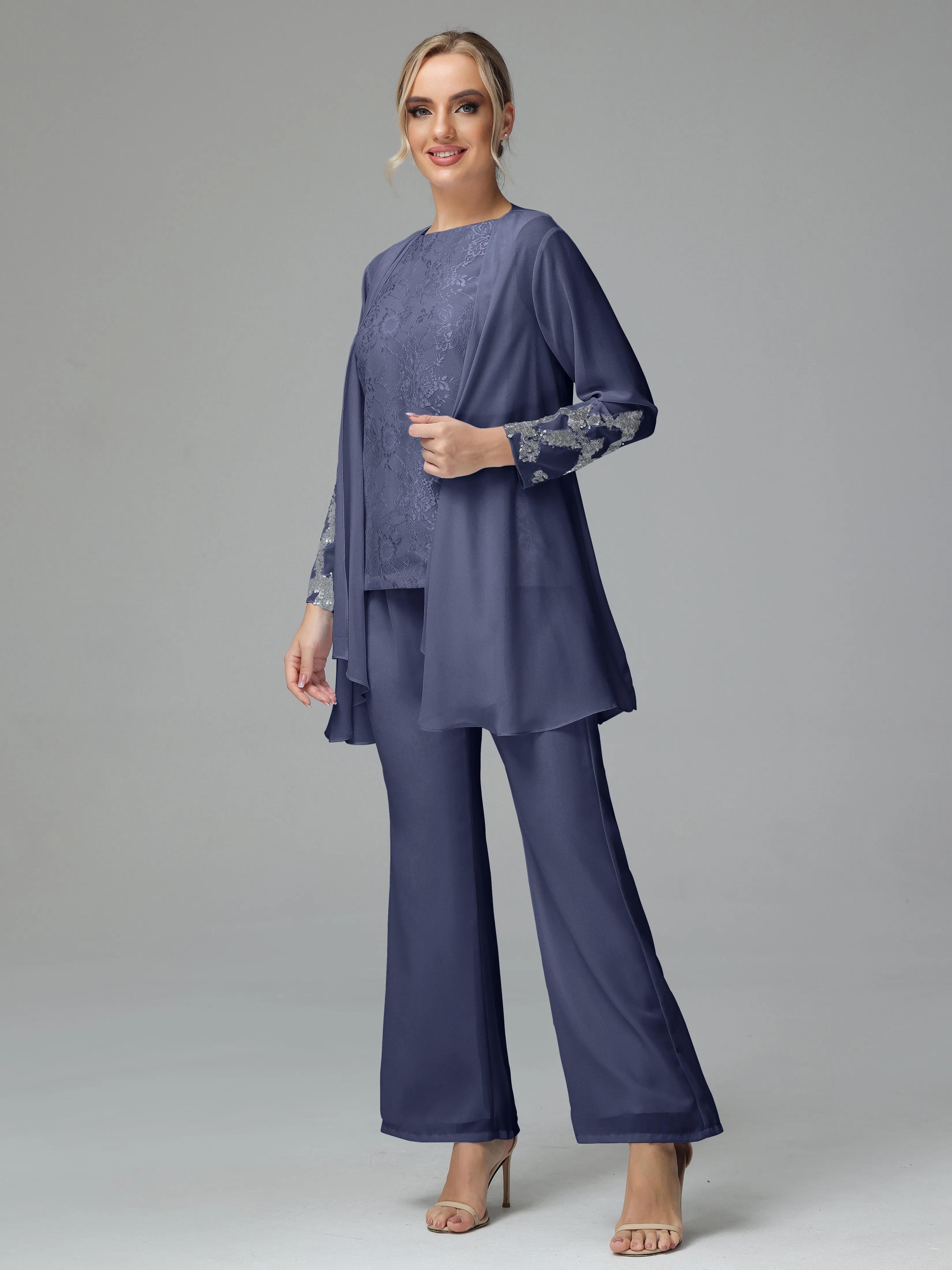 Chiffon 3 Pieces Mother of the Bride Dress Pant Suits With Appliques