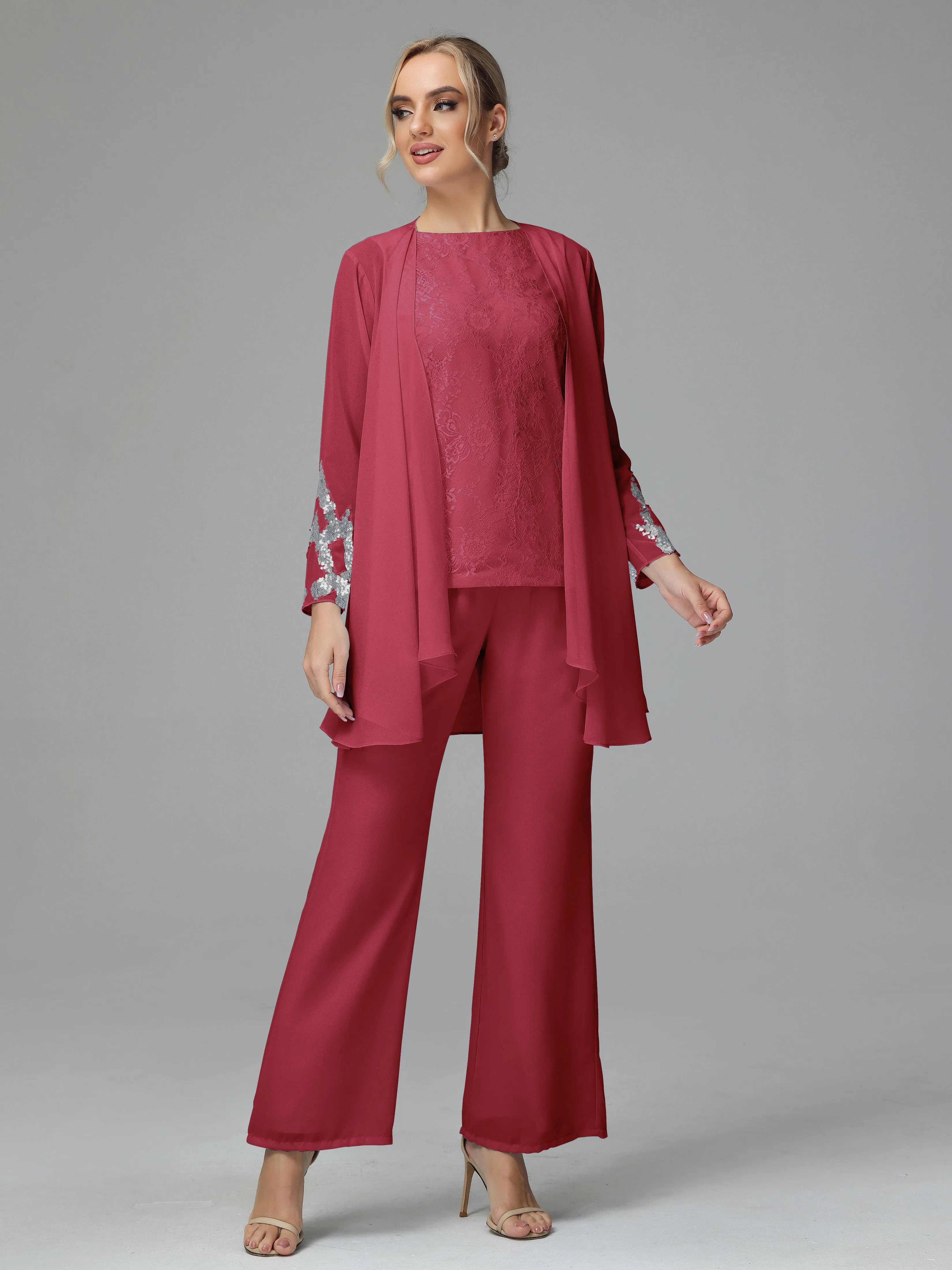 Chiffon 3 Pieces Mother of the Bride Dress Pant Suits With Appliques