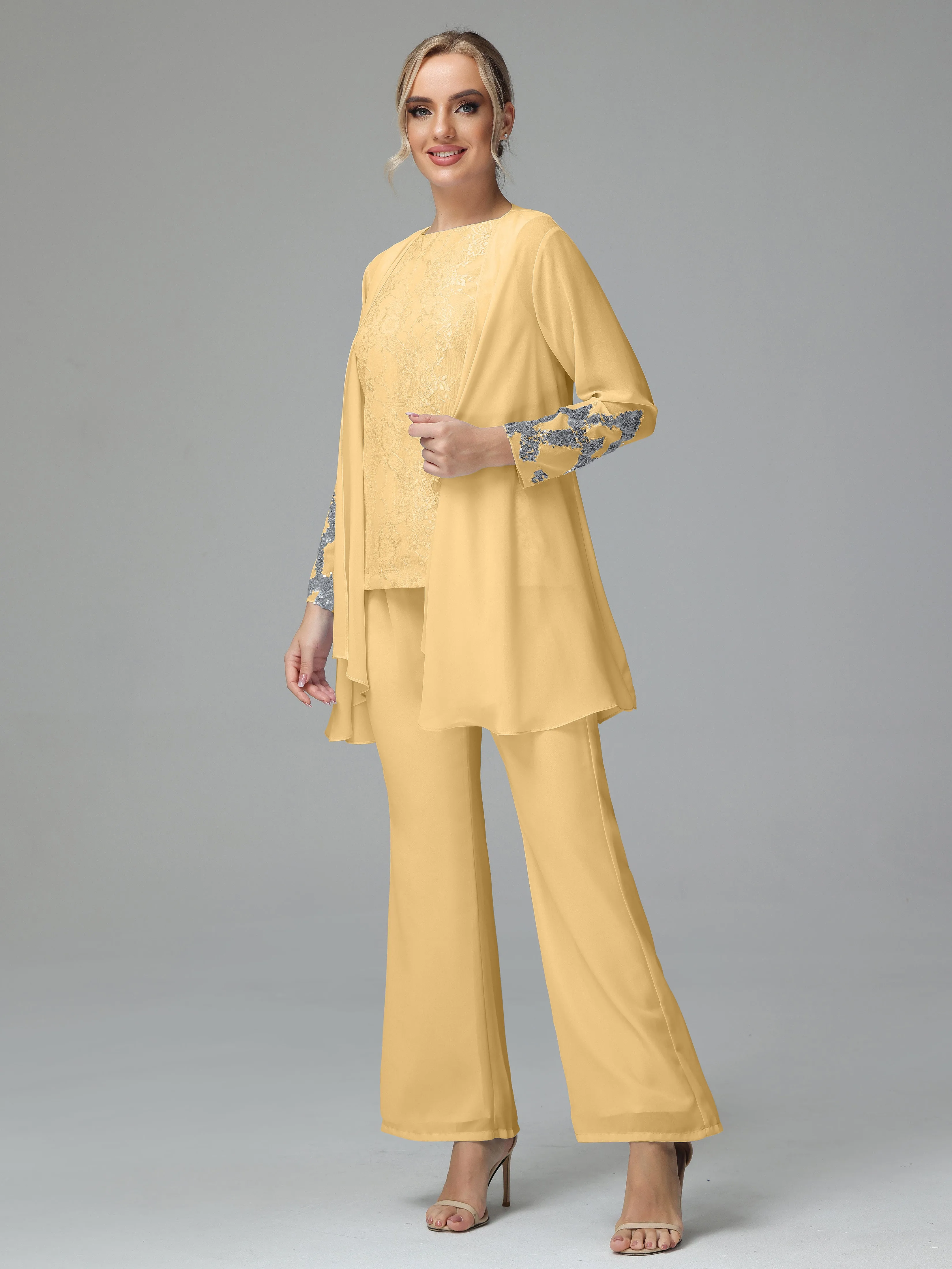 Chiffon 3 Pieces Mother of the Bride Dress Pant Suits With Appliques