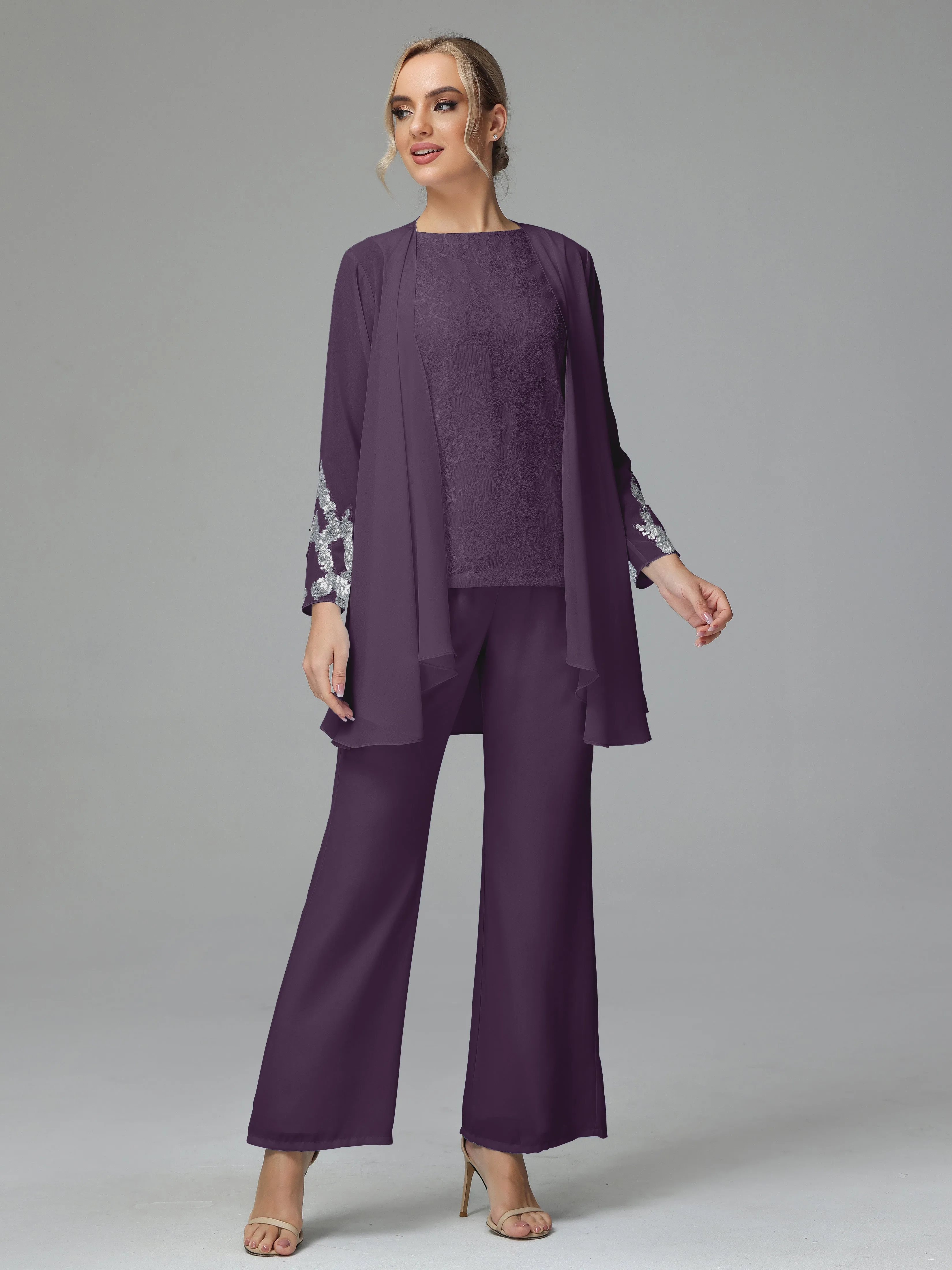 Chiffon 3 Pieces Mother of the Bride Dress Pant Suits With Appliques