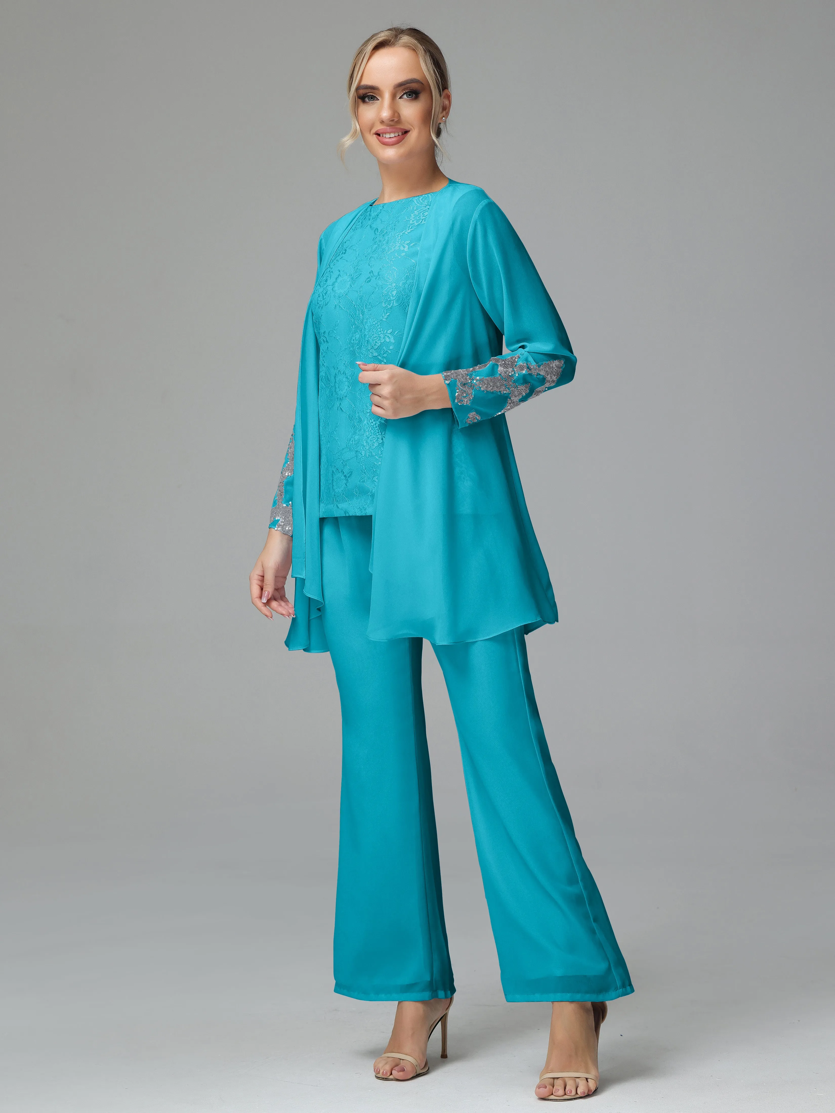 Chiffon 3 Pieces Mother of the Bride Dress Pant Suits With Appliques