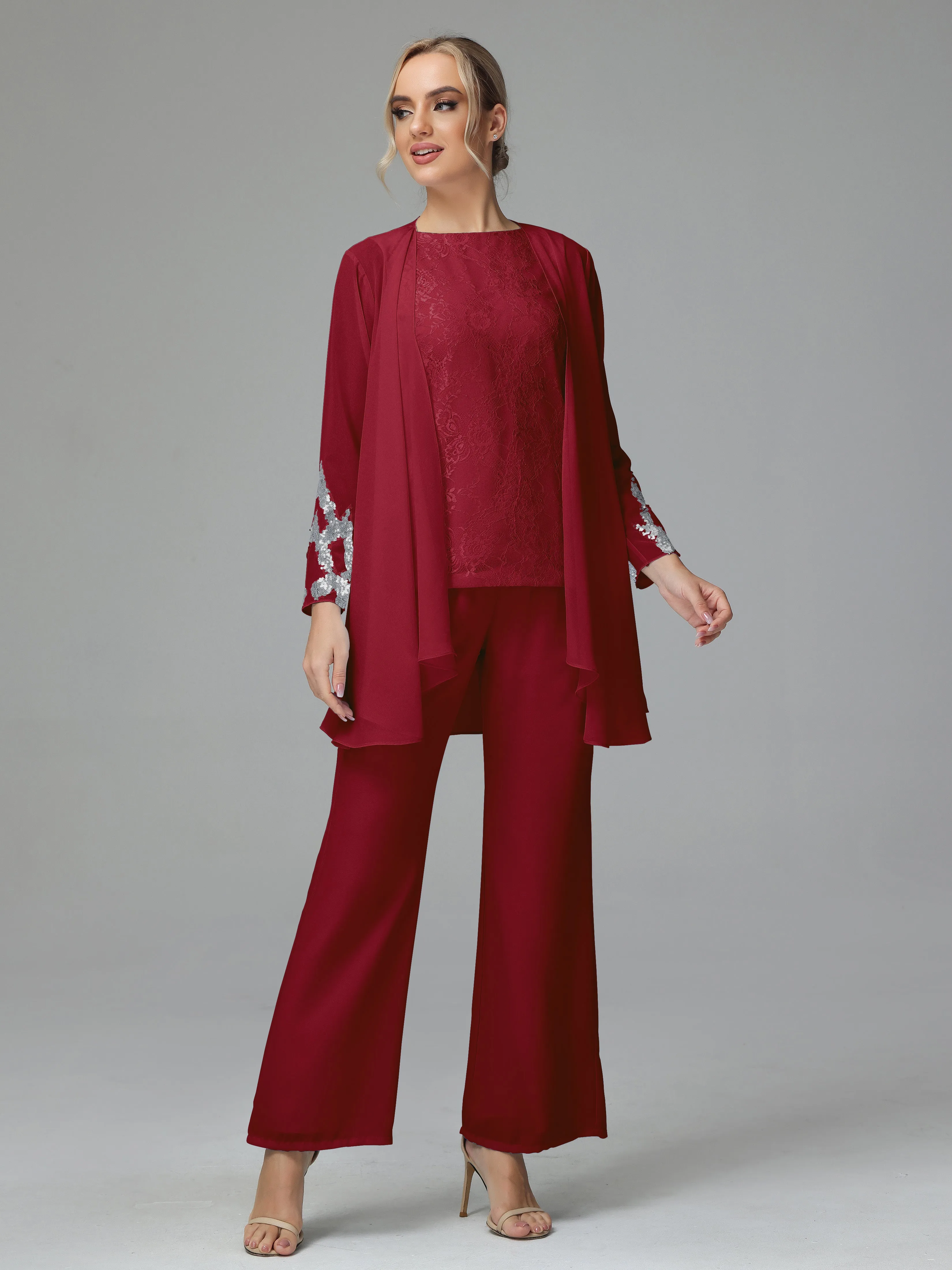 Chiffon 3 Pieces Mother of the Bride Dress Pant Suits With Appliques