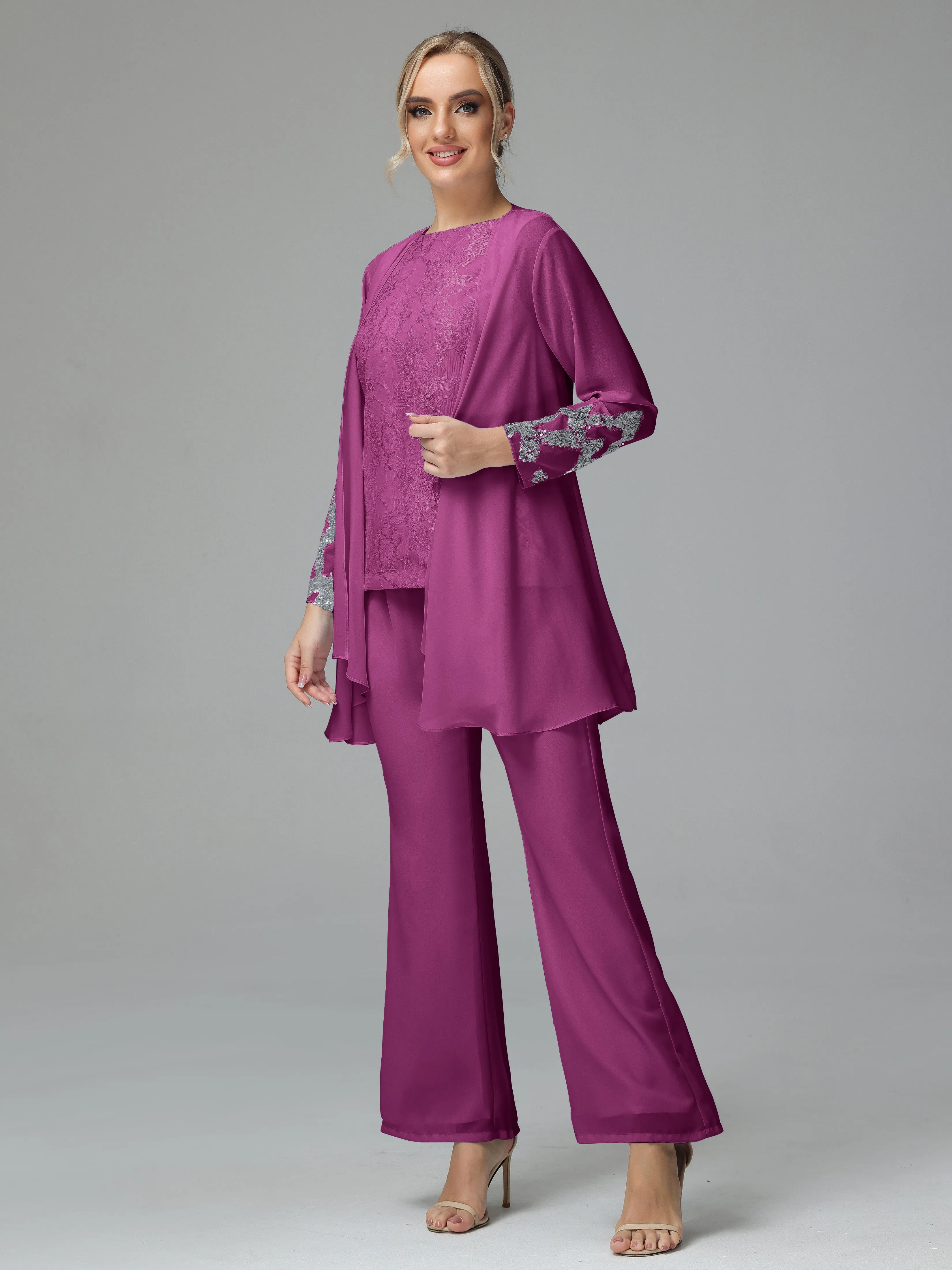 Chiffon 3 Pieces Mother of the Bride Dress Pant Suits With Appliques