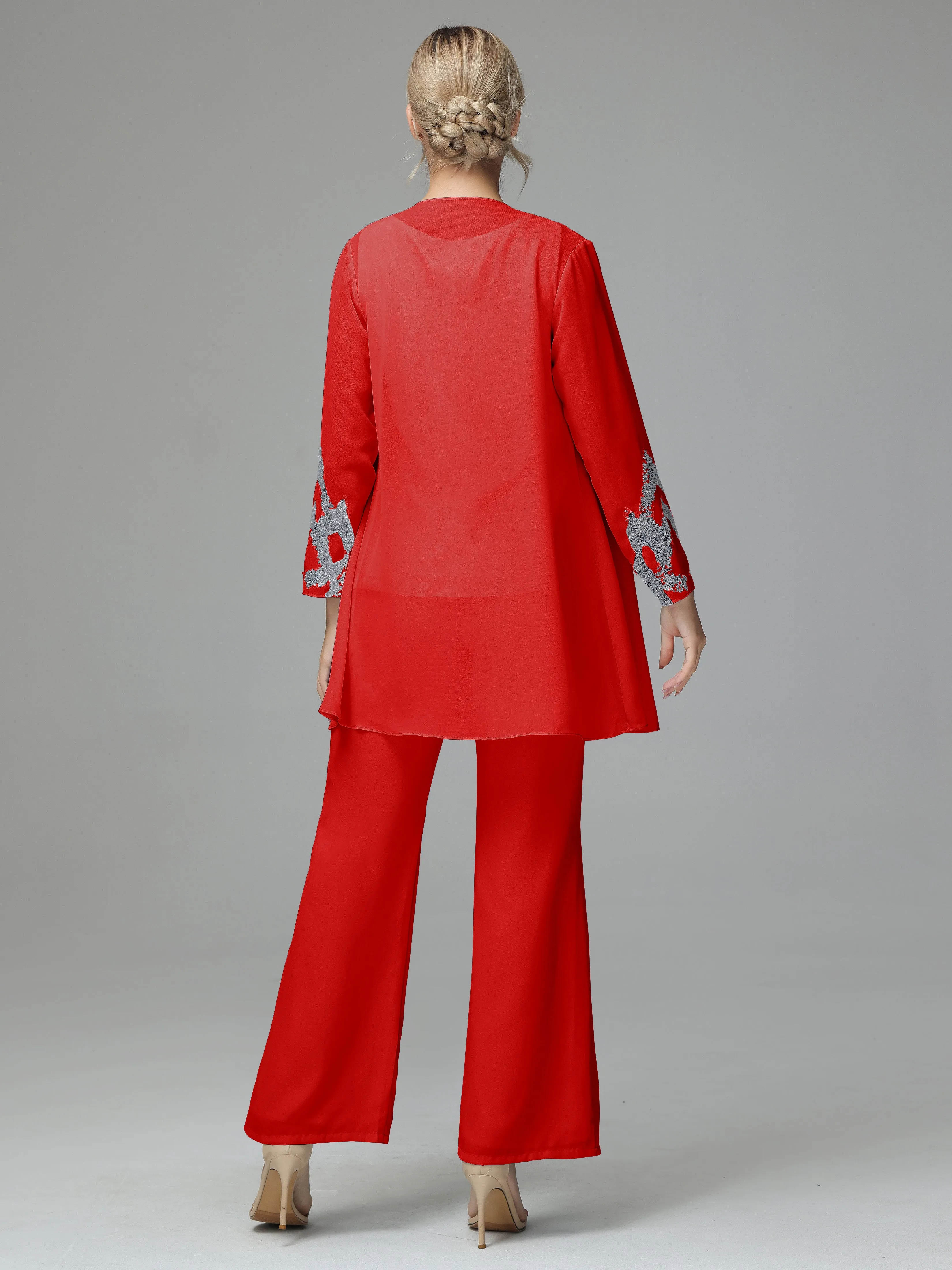 Chiffon 3 Pieces Mother of the Bride Dress Pant Suits With Appliques