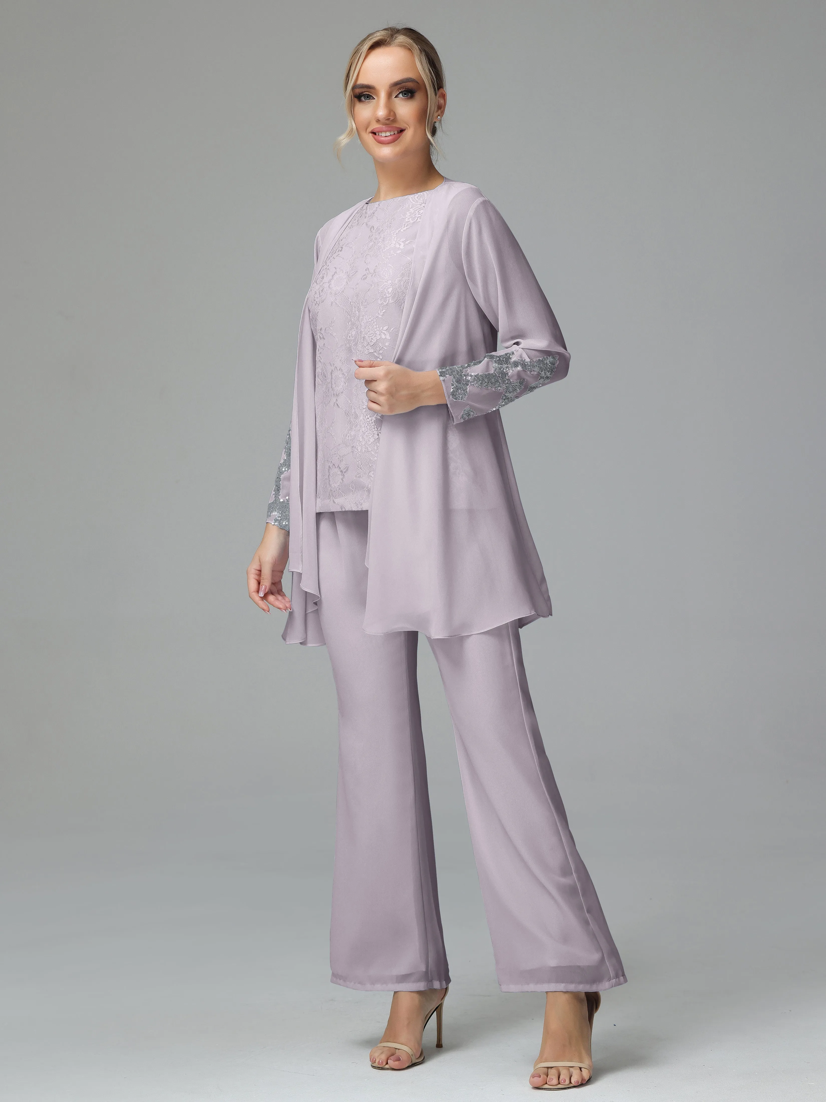 Chiffon 3 Pieces Mother of the Bride Dress Pant Suits With Appliques