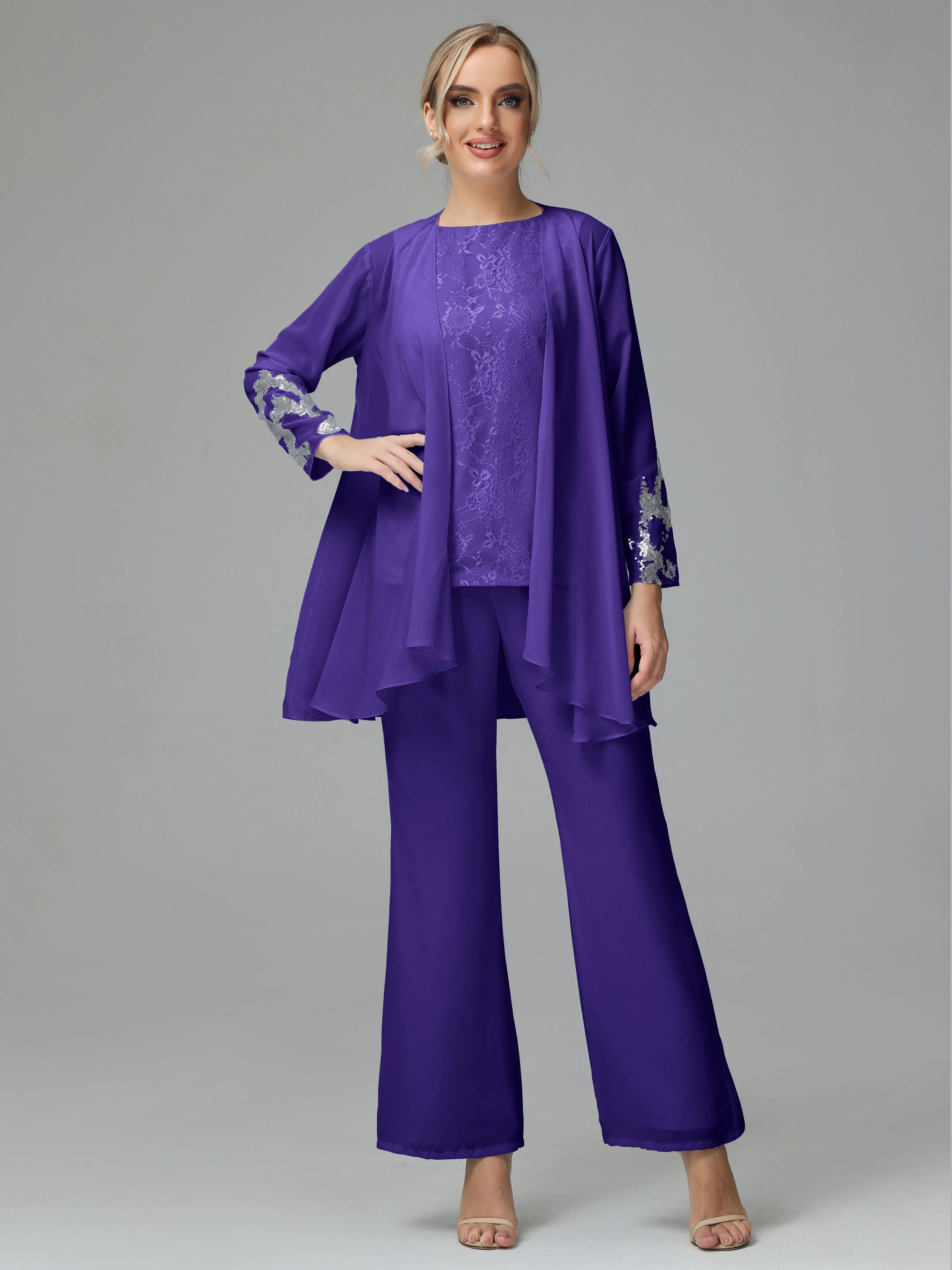 Chiffon 3 Pieces Mother of the Bride Dress Pant Suits With Appliques