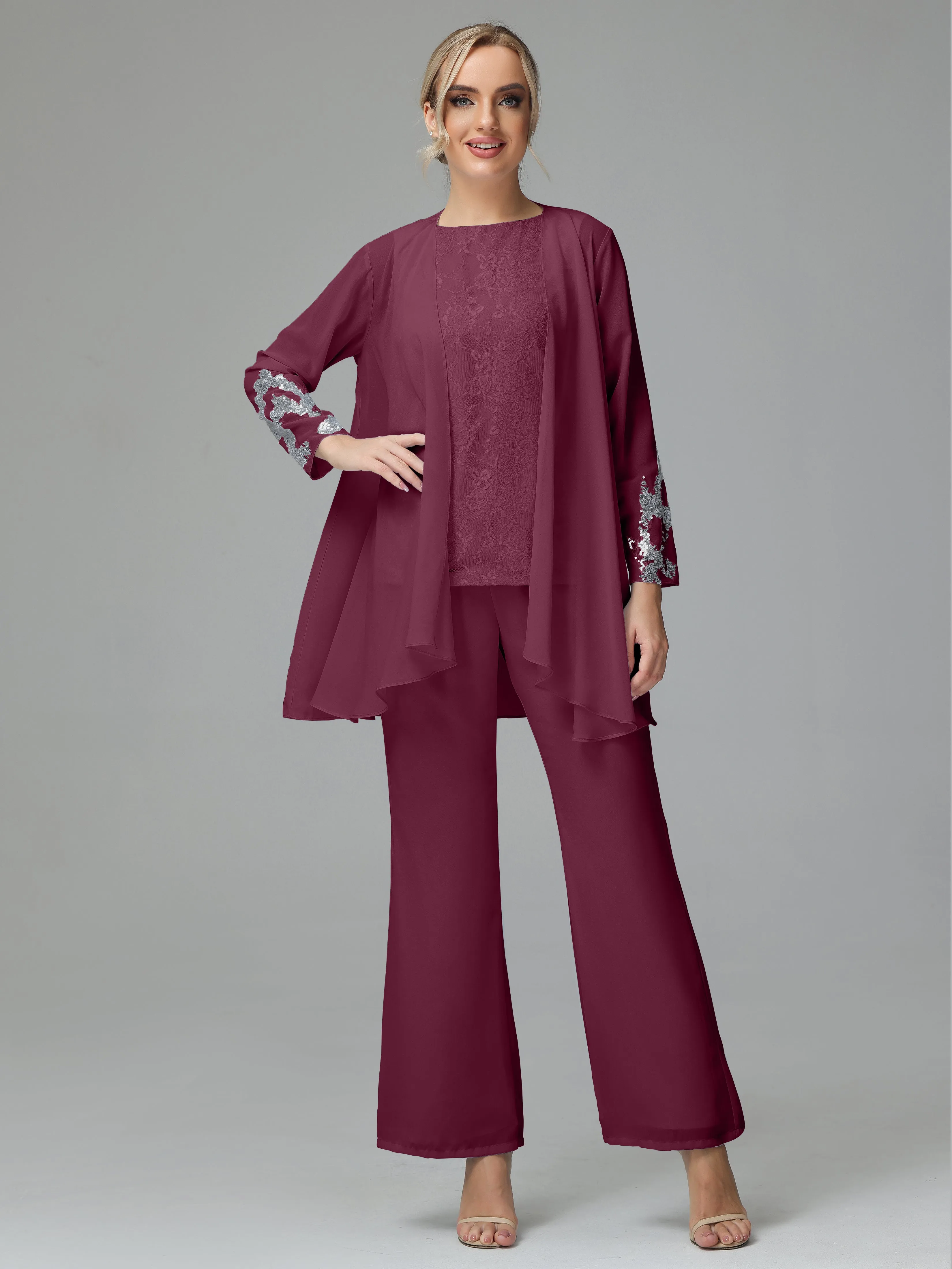 Chiffon 3 Pieces Mother of the Bride Dress Pant Suits With Appliques