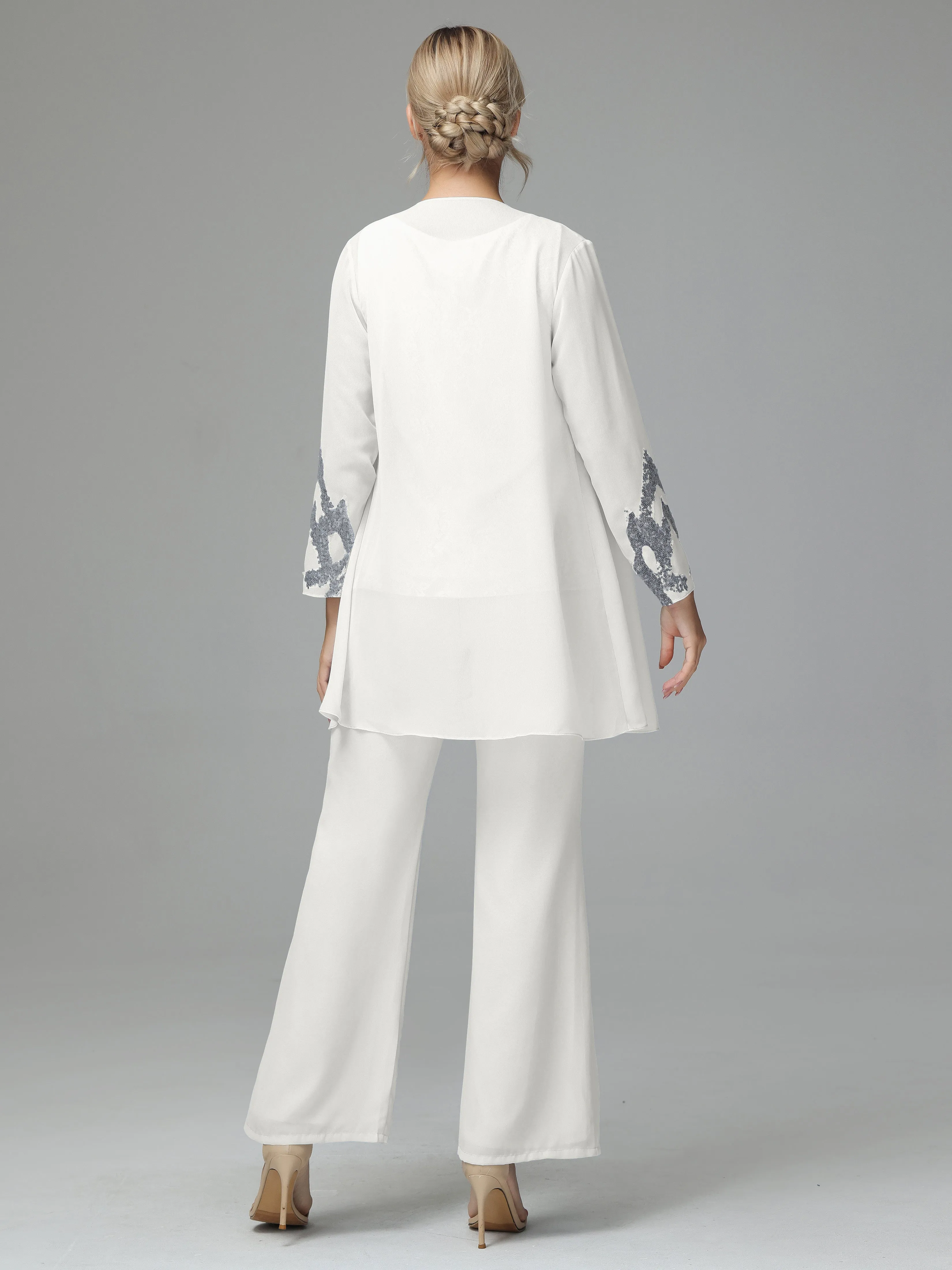 Chiffon 3 Pieces Mother of the Bride Dress Pant Suits With Appliques
