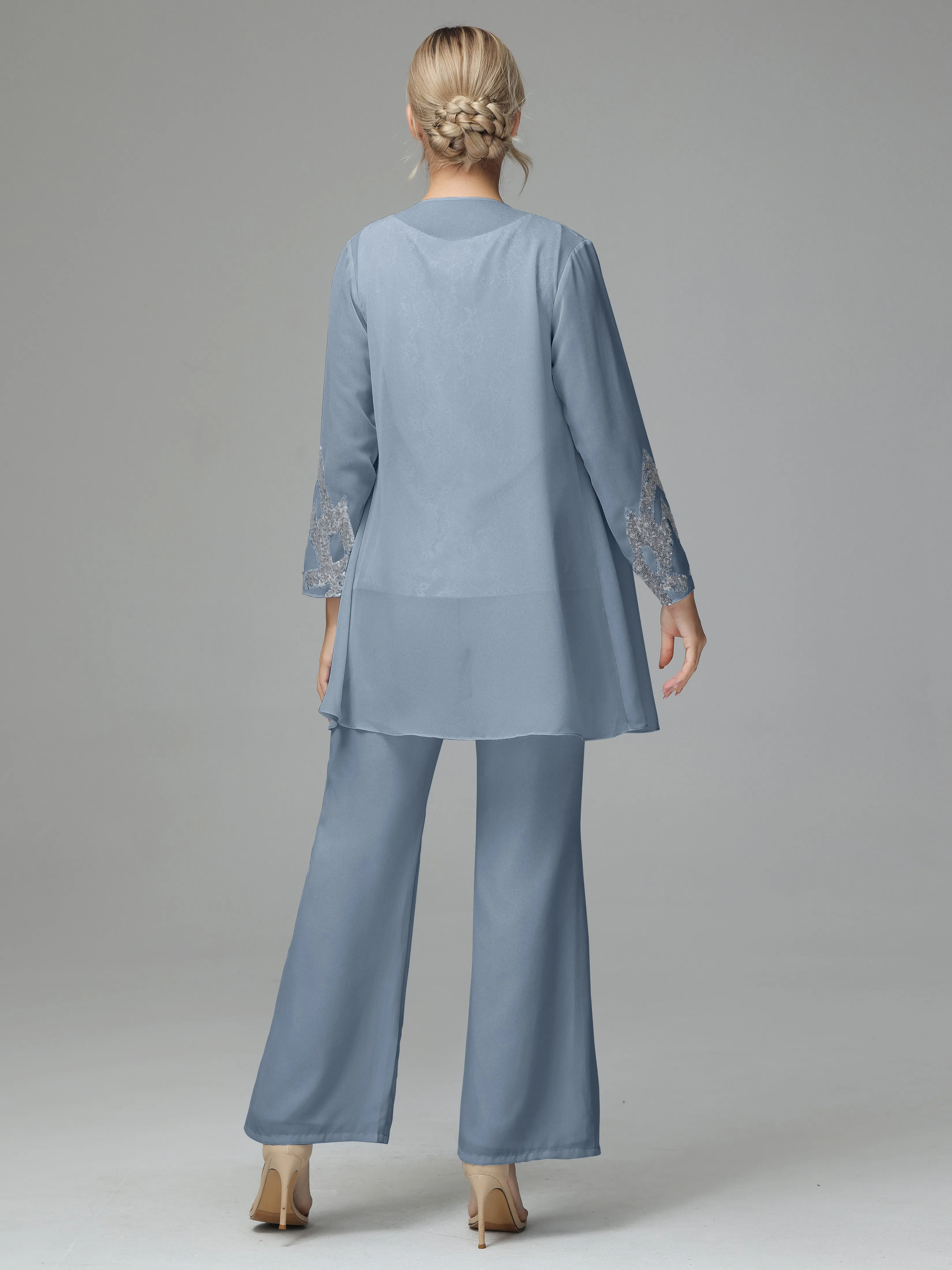 Chiffon 3 Pieces Mother of the Bride Dress Pant Suits With Appliques