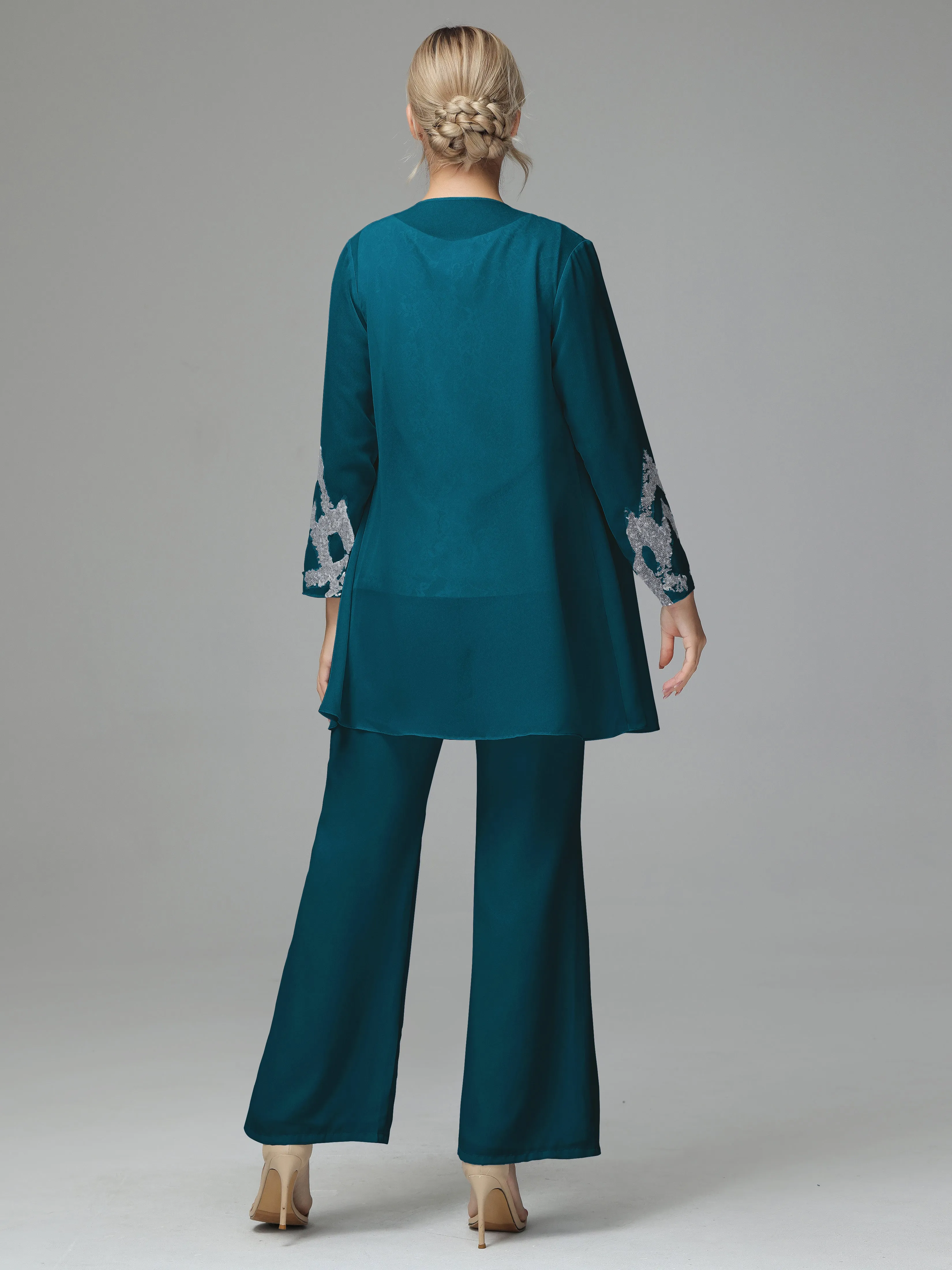 Chiffon 3 Pieces Mother of the Bride Dress Pant Suits With Appliques