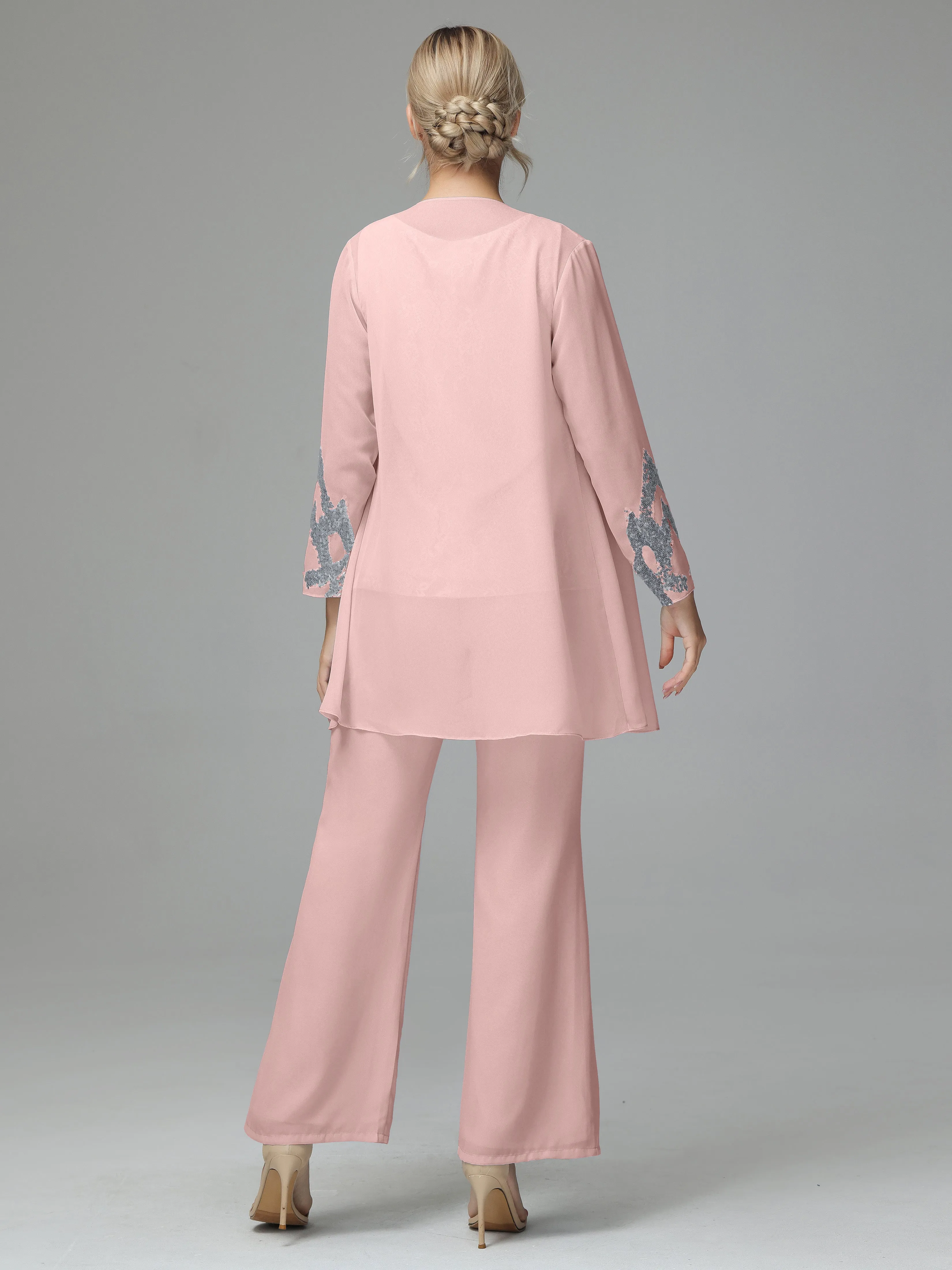 Chiffon 3 Pieces Mother of the Bride Dress Pant Suits With Appliques