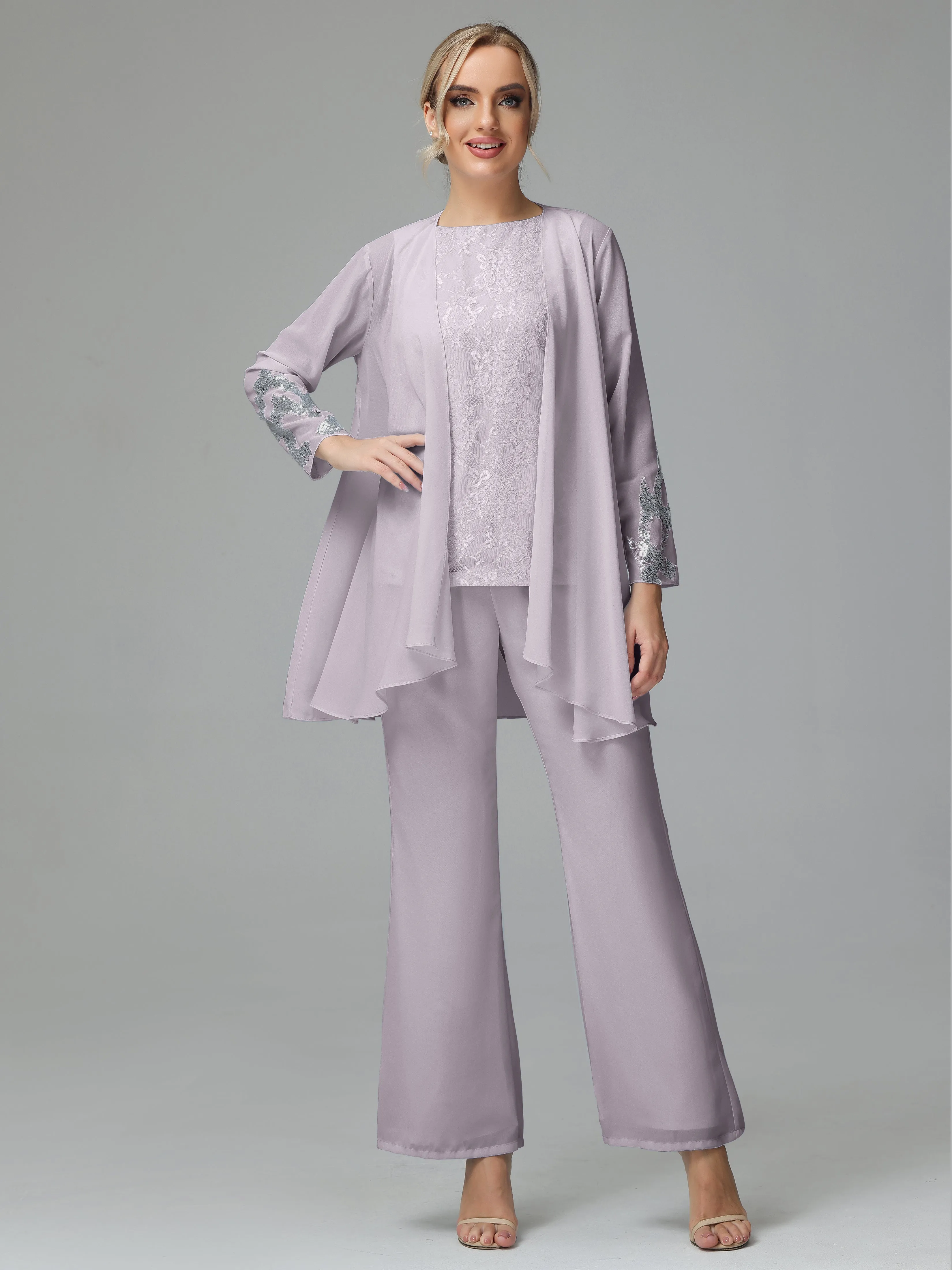 Chiffon 3 Pieces Mother of the Bride Dress Pant Suits With Appliques