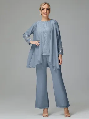 Chiffon 3 Pieces Mother of the Bride Dress Pant Suits With Appliques