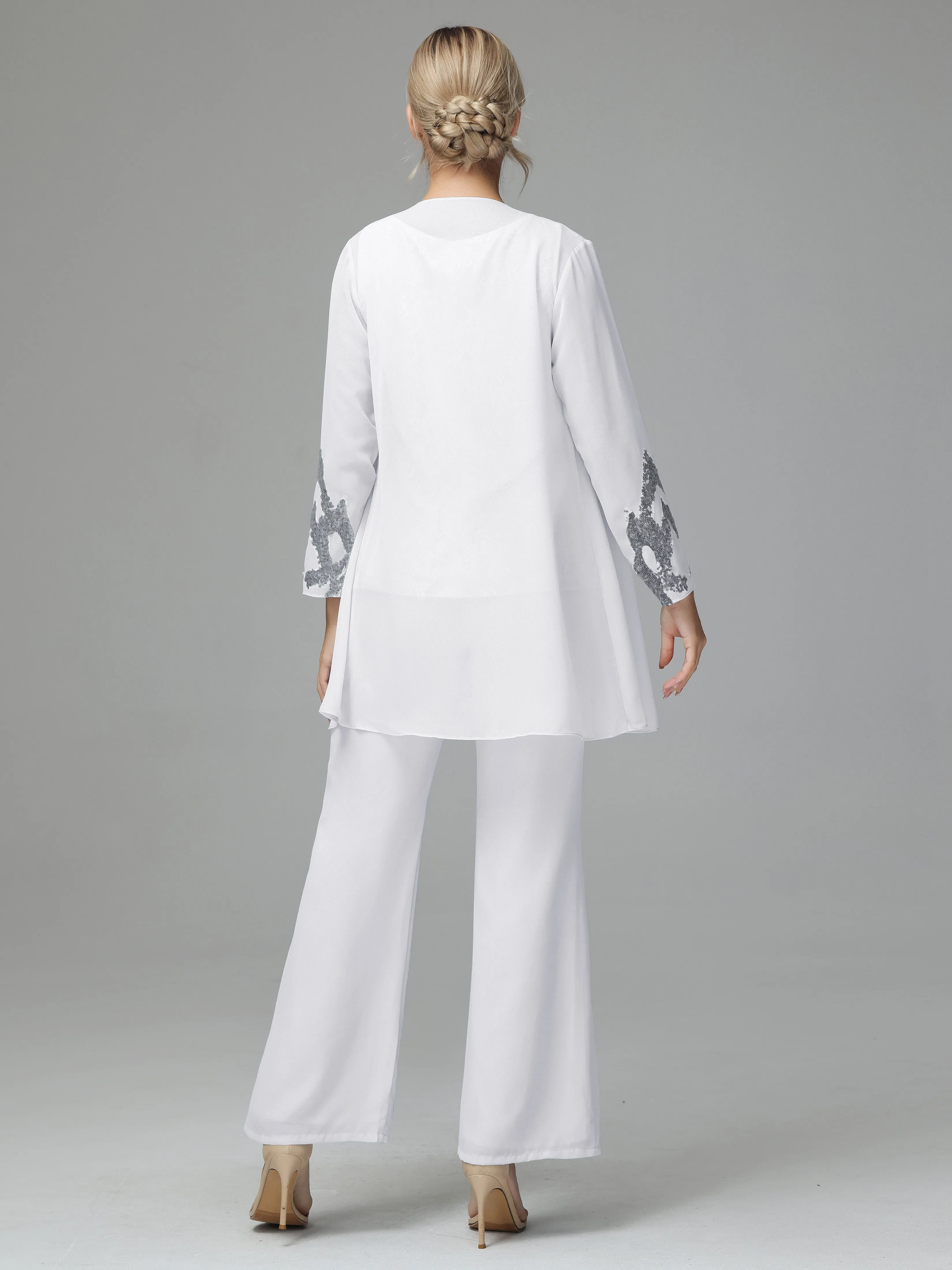 Chiffon 3 Pieces Mother of the Bride Dress Pant Suits With Appliques