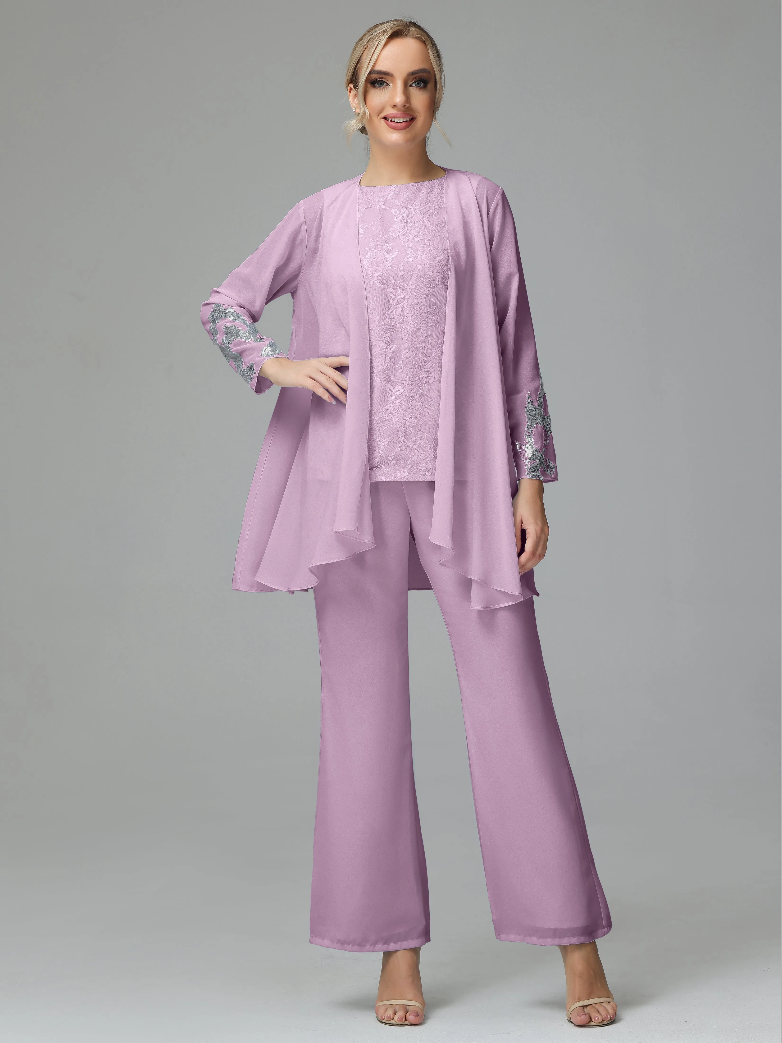 Chiffon 3 Pieces Mother of the Bride Dress Pant Suits With Appliques