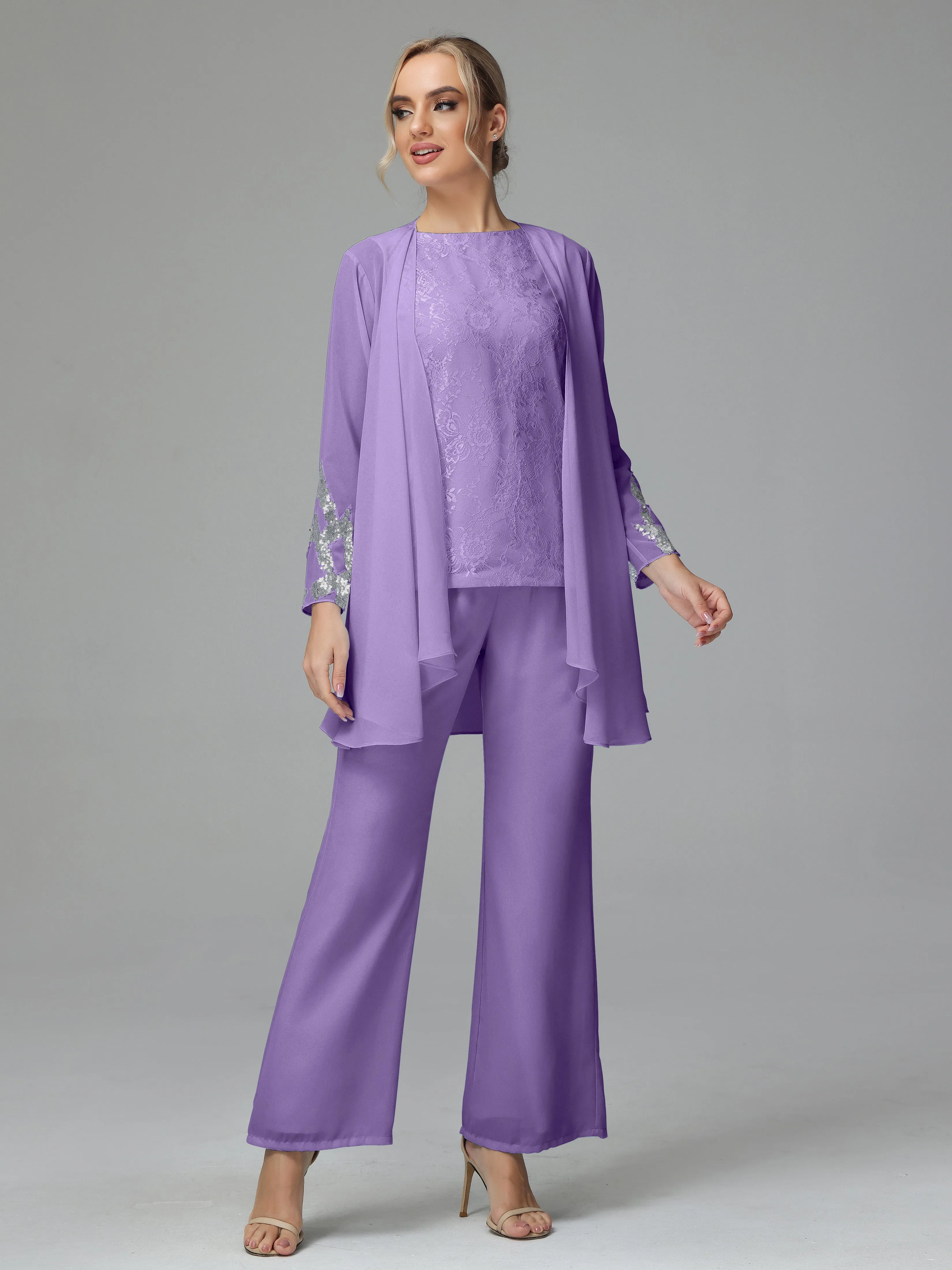 Chiffon 3 Pieces Mother of the Bride Dress Pant Suits With Appliques