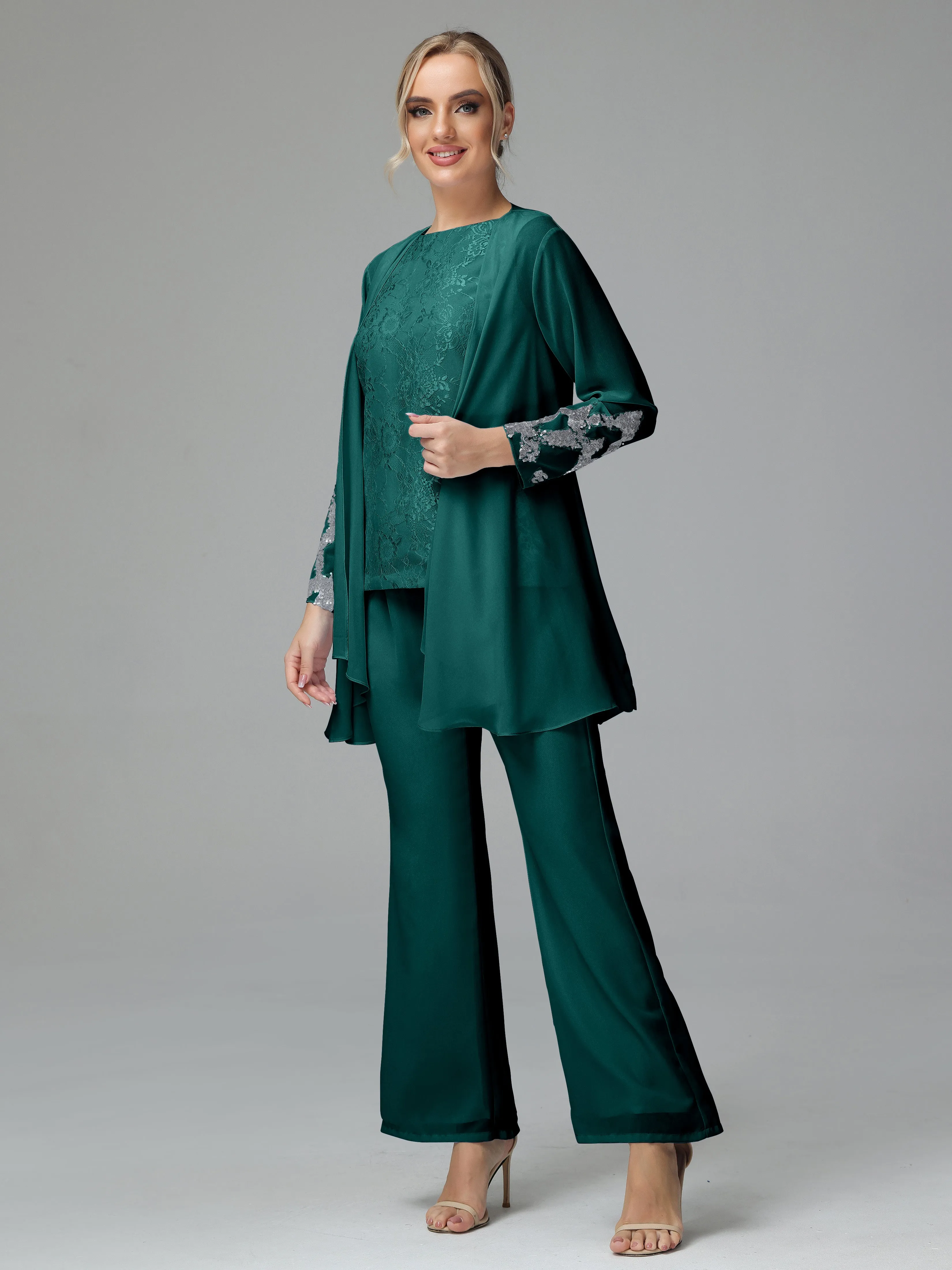 Chiffon 3 Pieces Mother of the Bride Dress Pant Suits With Appliques