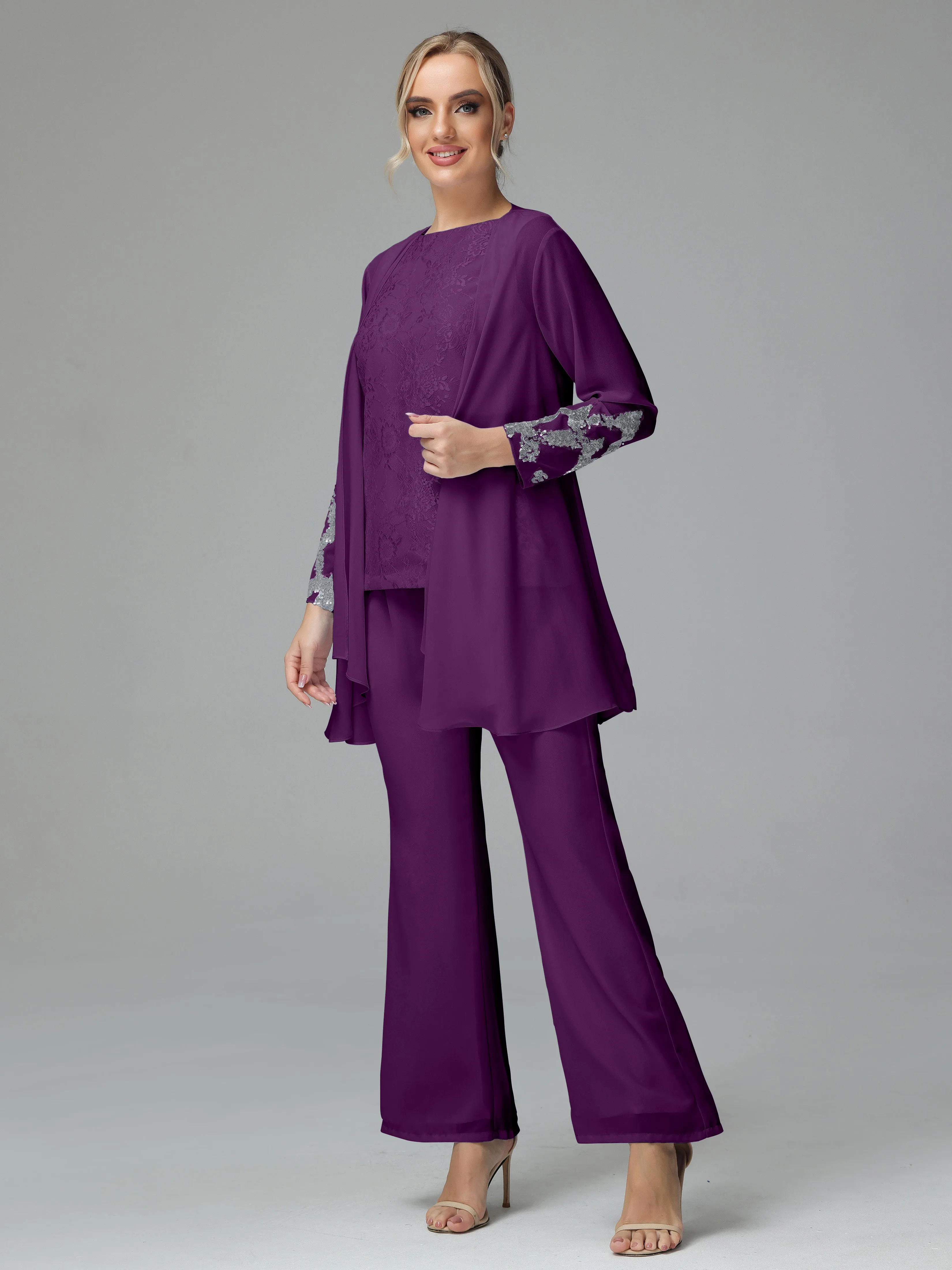 Chiffon 3 Pieces Mother of the Bride Dress Pant Suits With Appliques