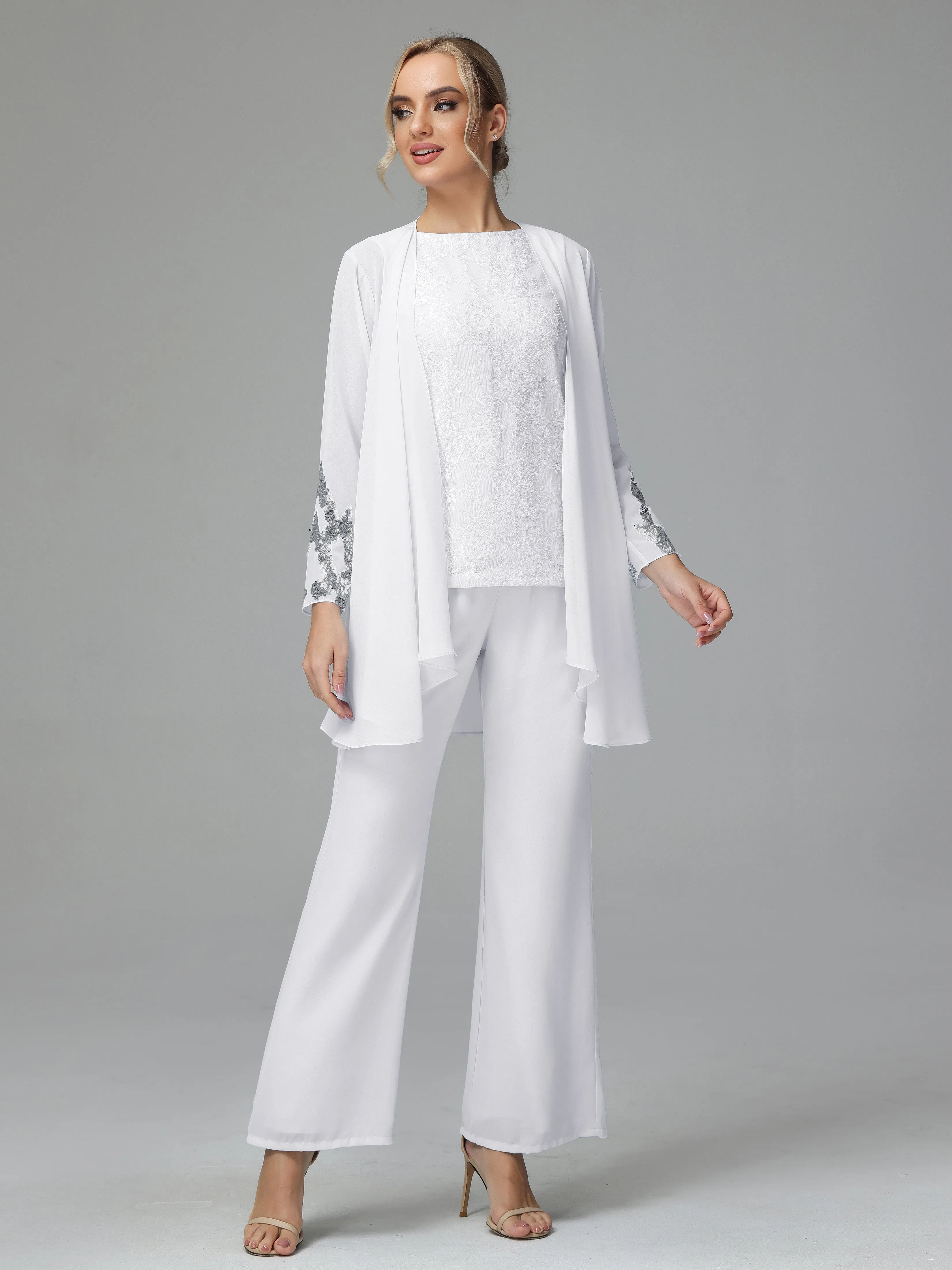 Chiffon 3 Pieces Mother of the Bride Dress Pant Suits With Appliques