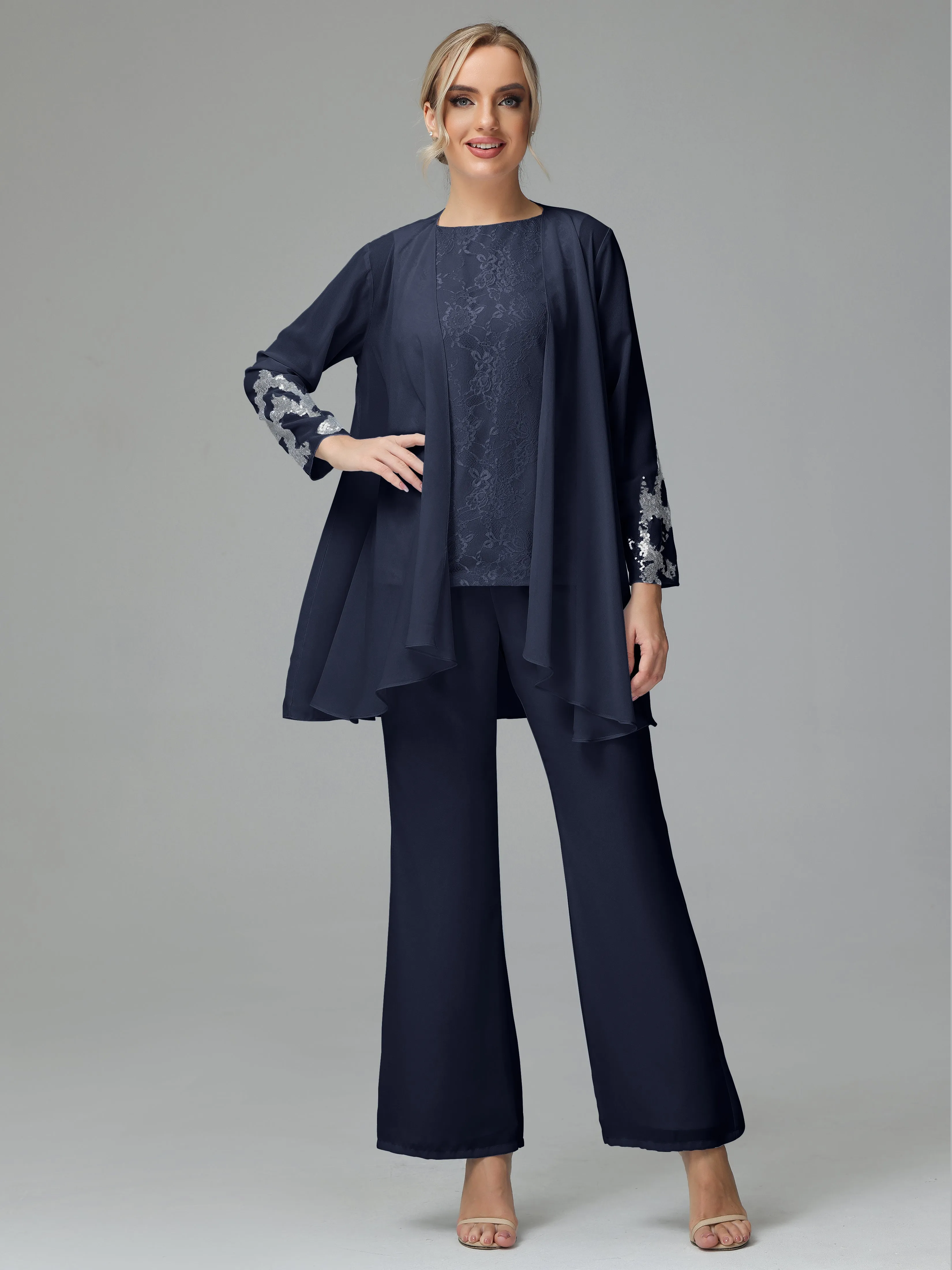 Chiffon 3 Pieces Mother of the Bride Dress Pant Suits With Appliques