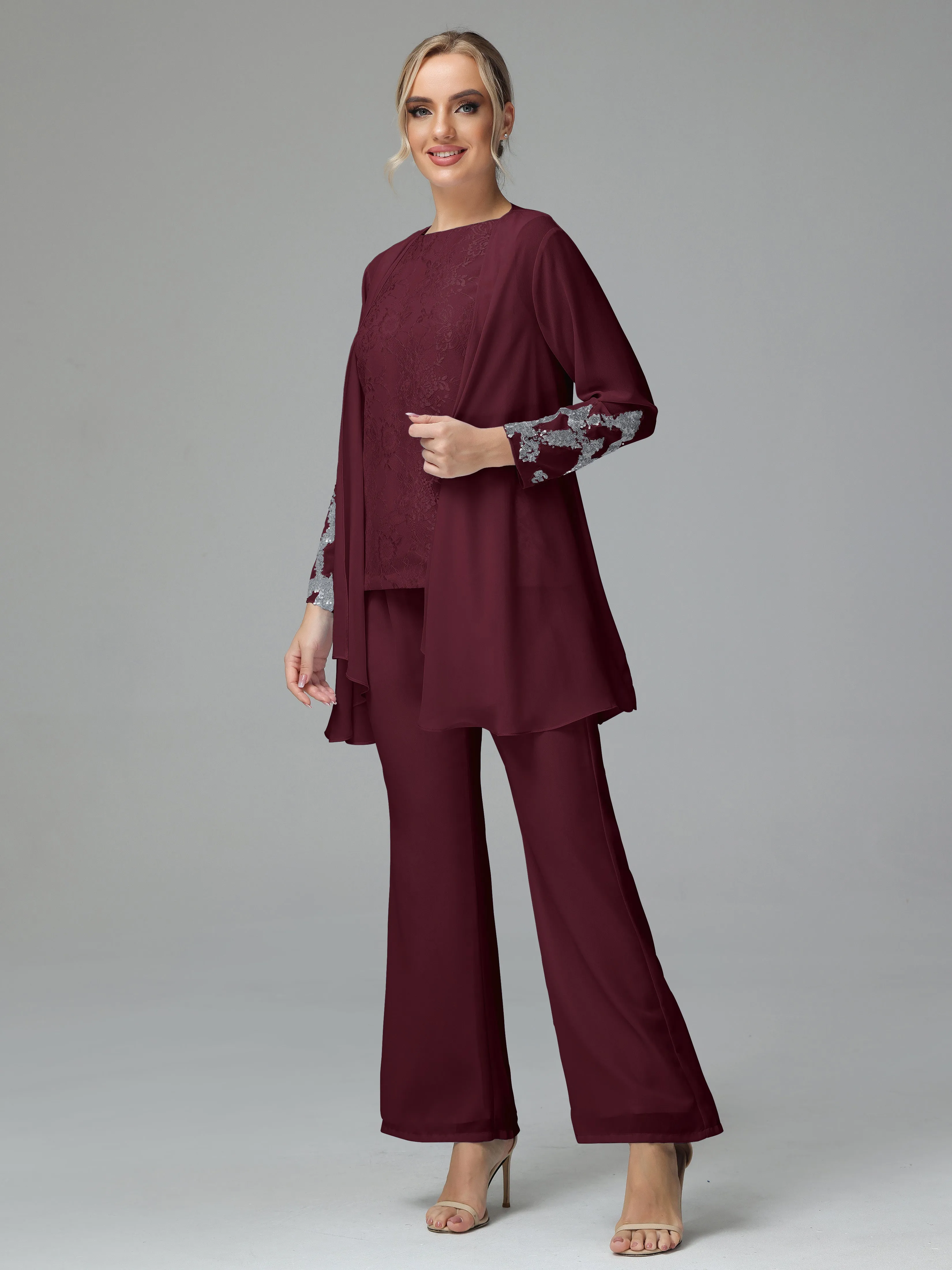 Chiffon 3 Pieces Mother of the Bride Dress Pant Suits With Appliques