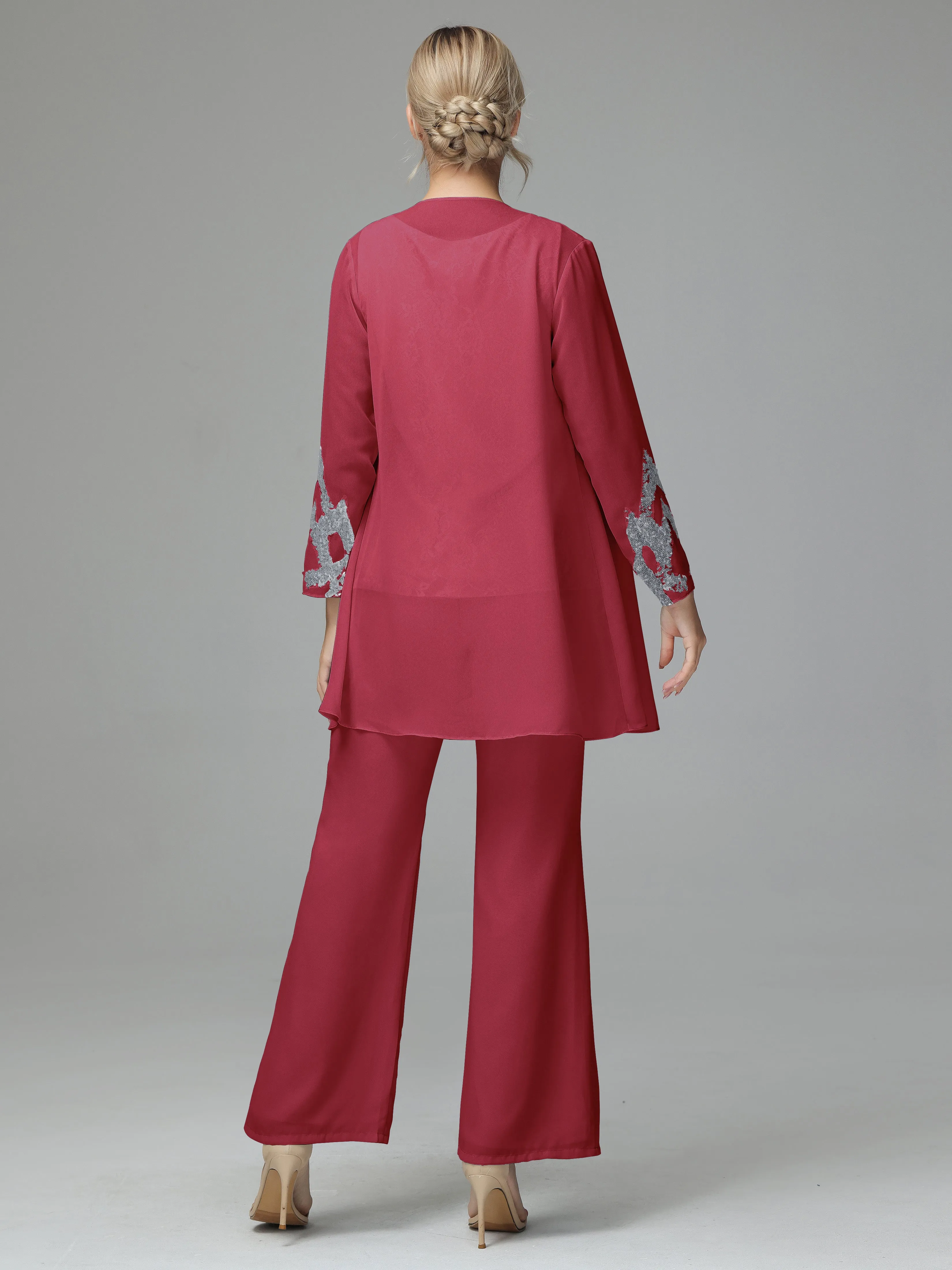 Chiffon 3 Pieces Mother of the Bride Dress Pant Suits With Appliques
