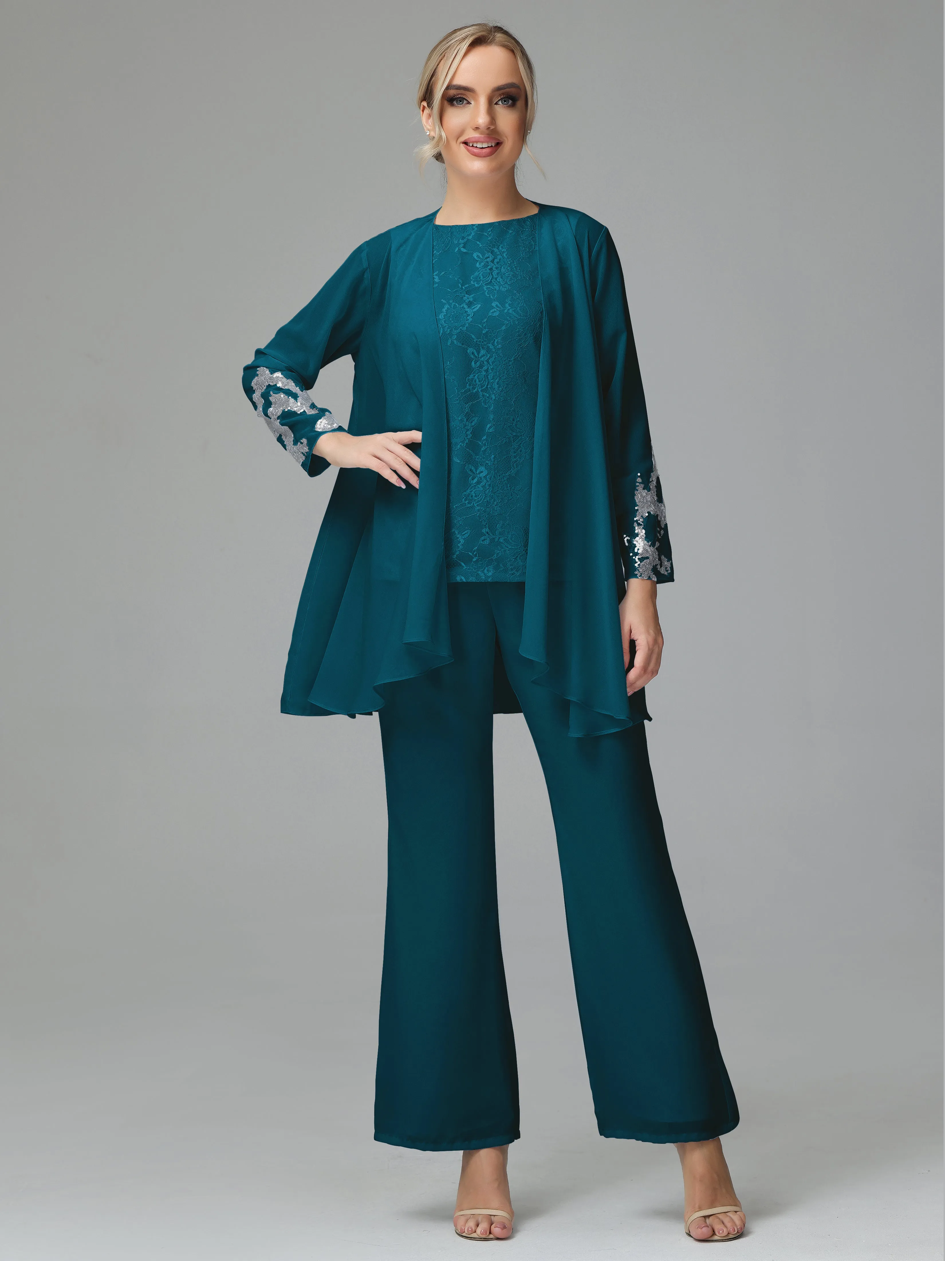 Chiffon 3 Pieces Mother of the Bride Dress Pant Suits With Appliques