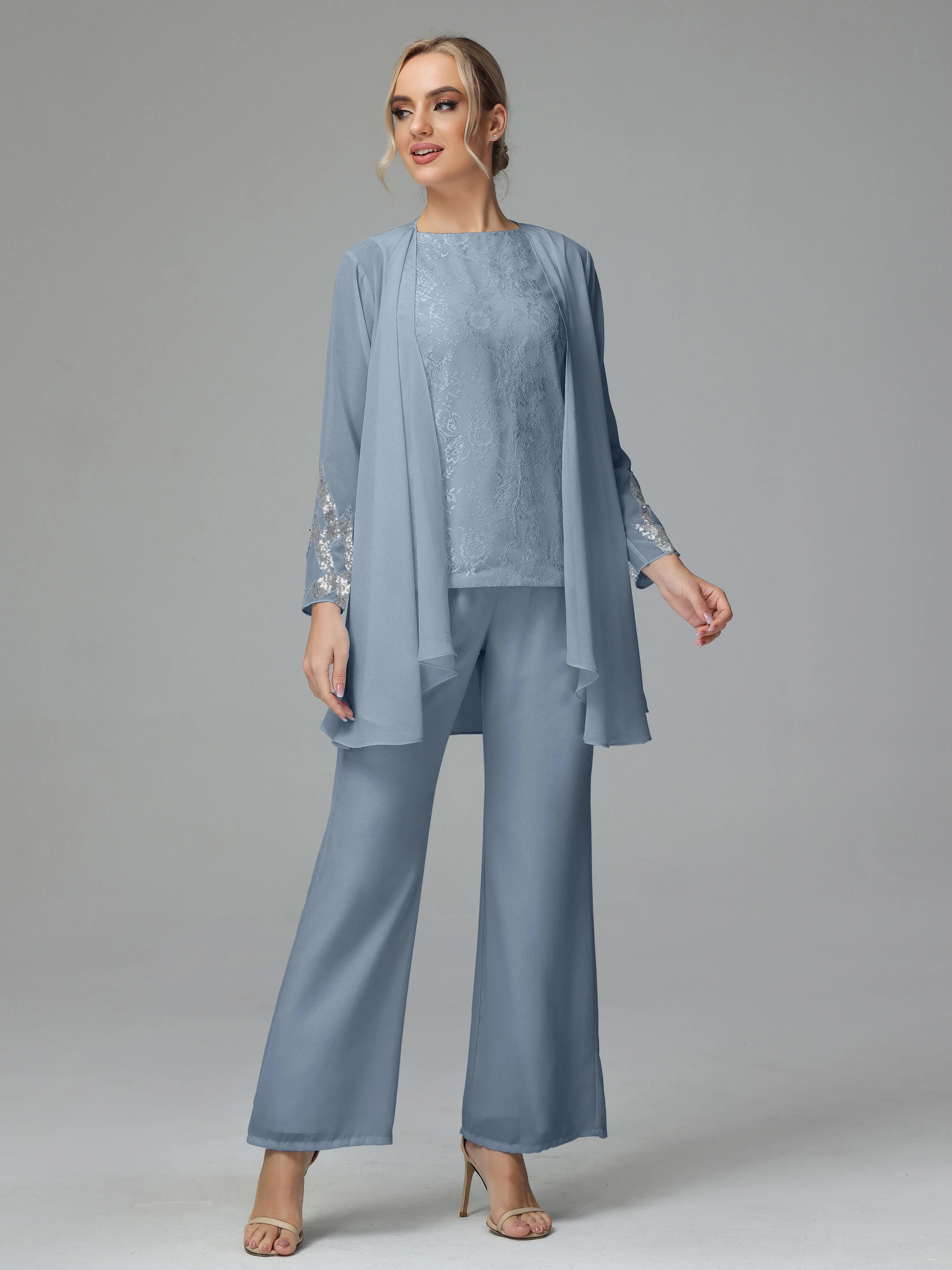 Chiffon 3 Pieces Mother of the Bride Dress Pant Suits With Appliques