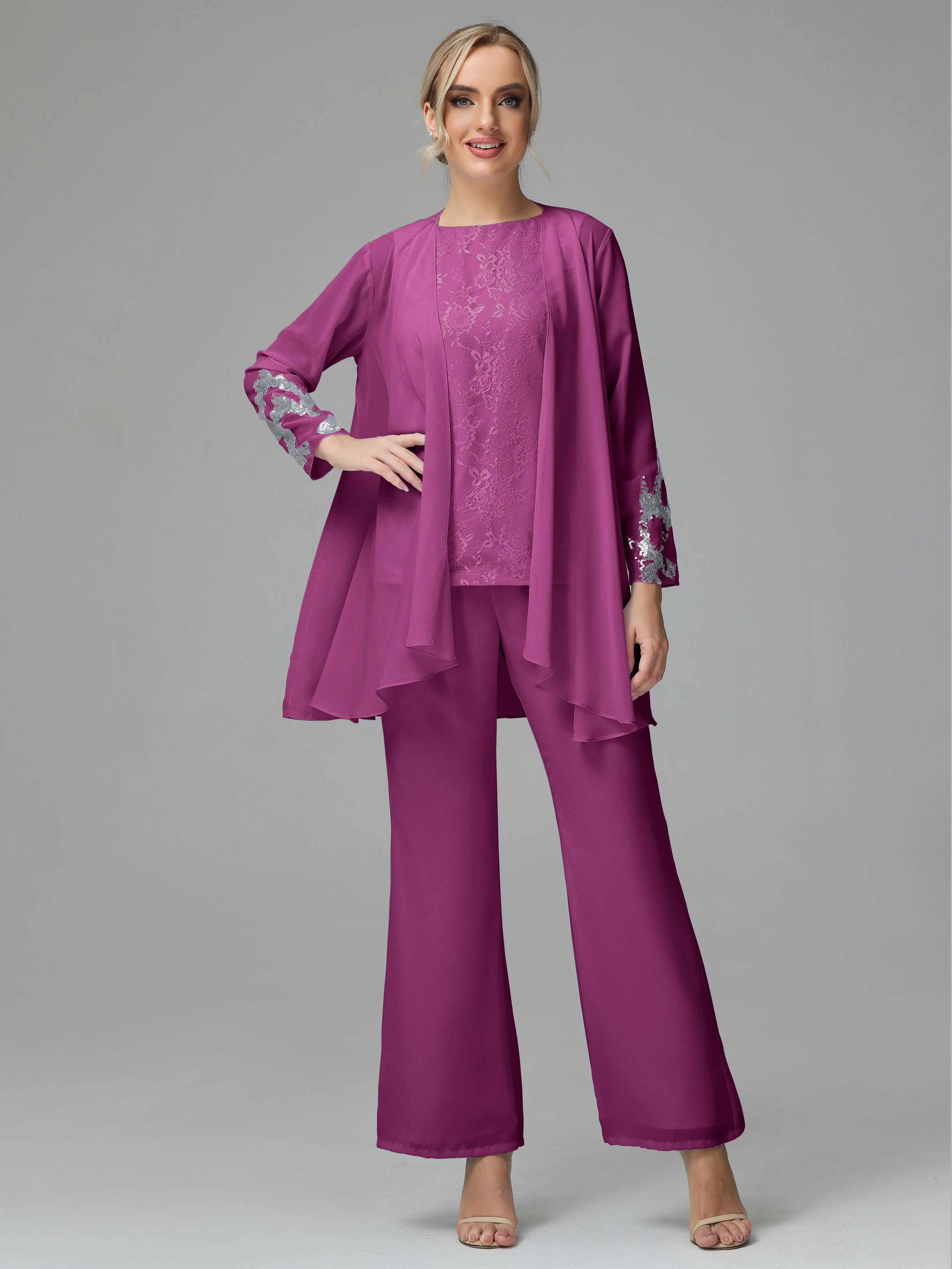Chiffon 3 Pieces Mother of the Bride Dress Pant Suits With Appliques
