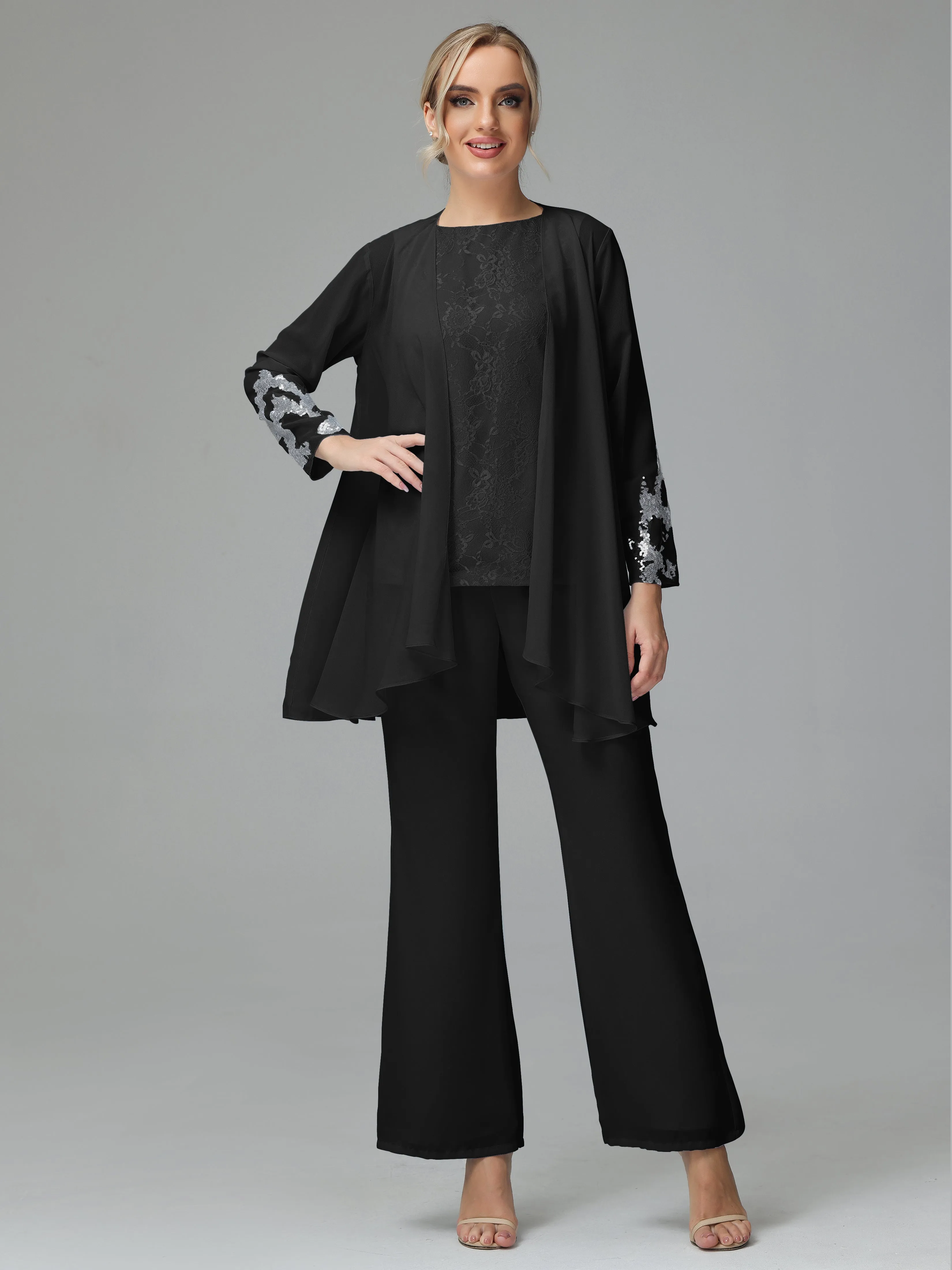 Chiffon 3 Pieces Mother of the Bride Dress Pant Suits With Appliques