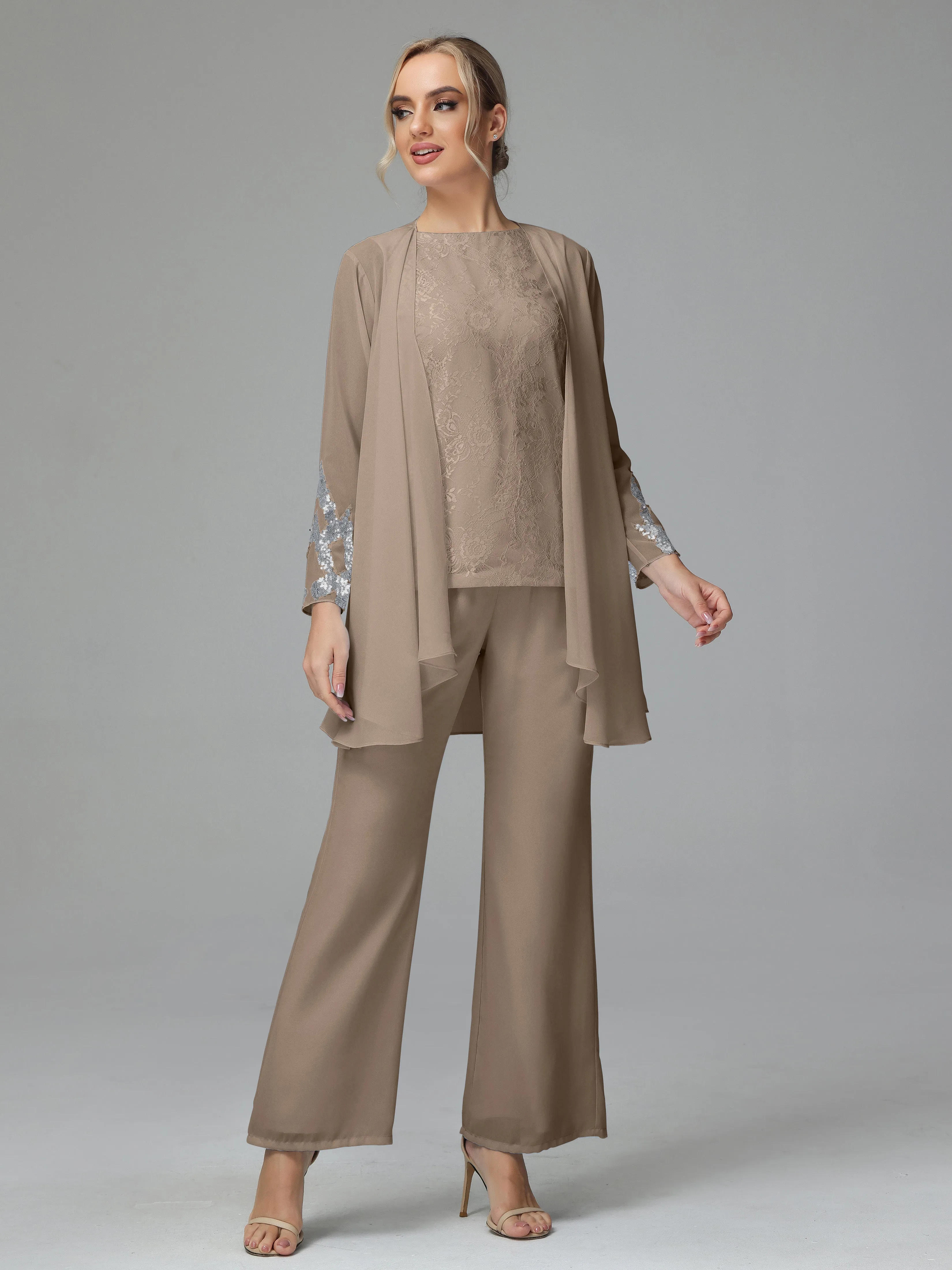 Chiffon 3 Pieces Mother of the Bride Dress Pant Suits With Appliques