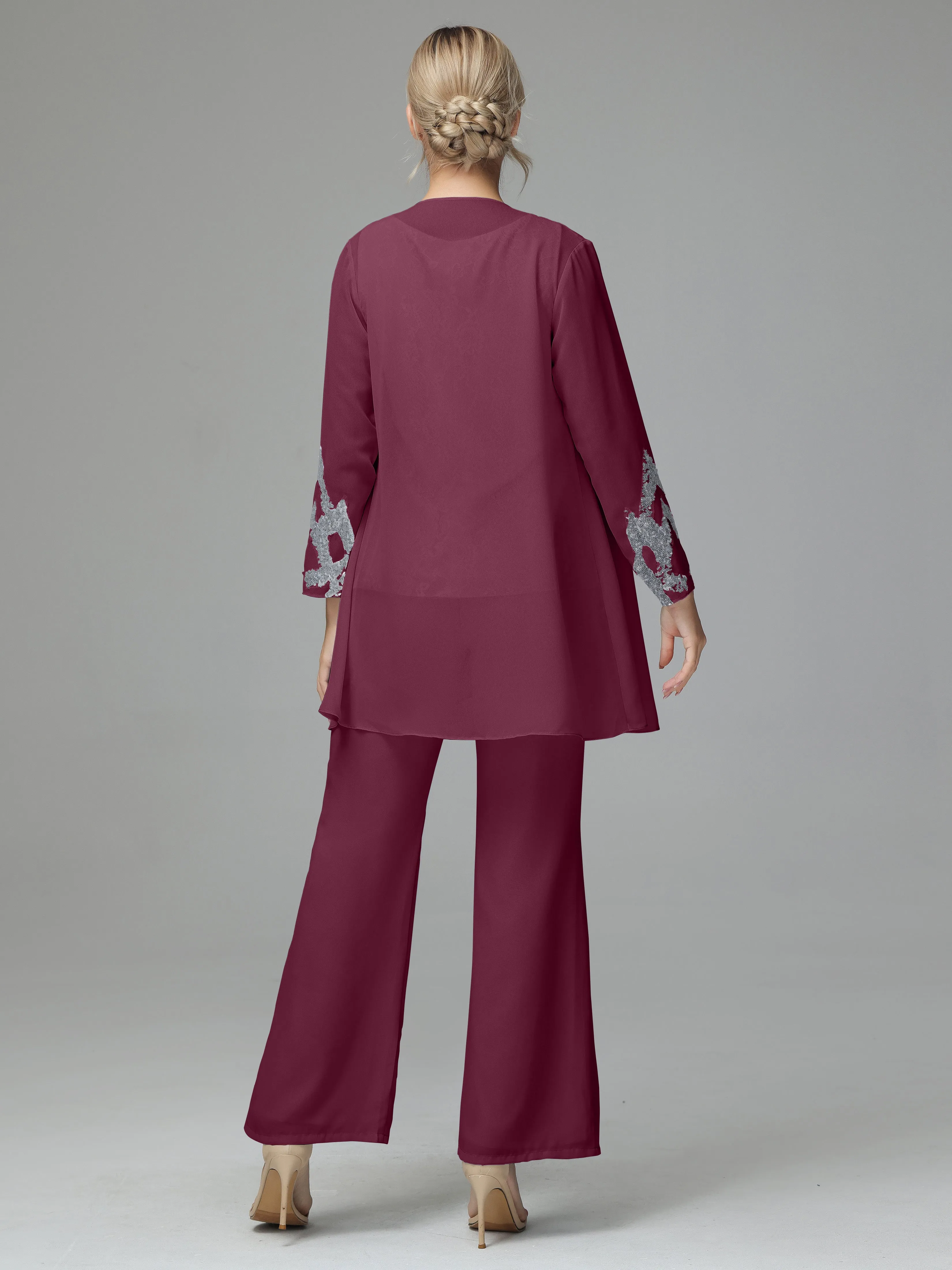 Chiffon 3 Pieces Mother of the Bride Dress Pant Suits With Appliques