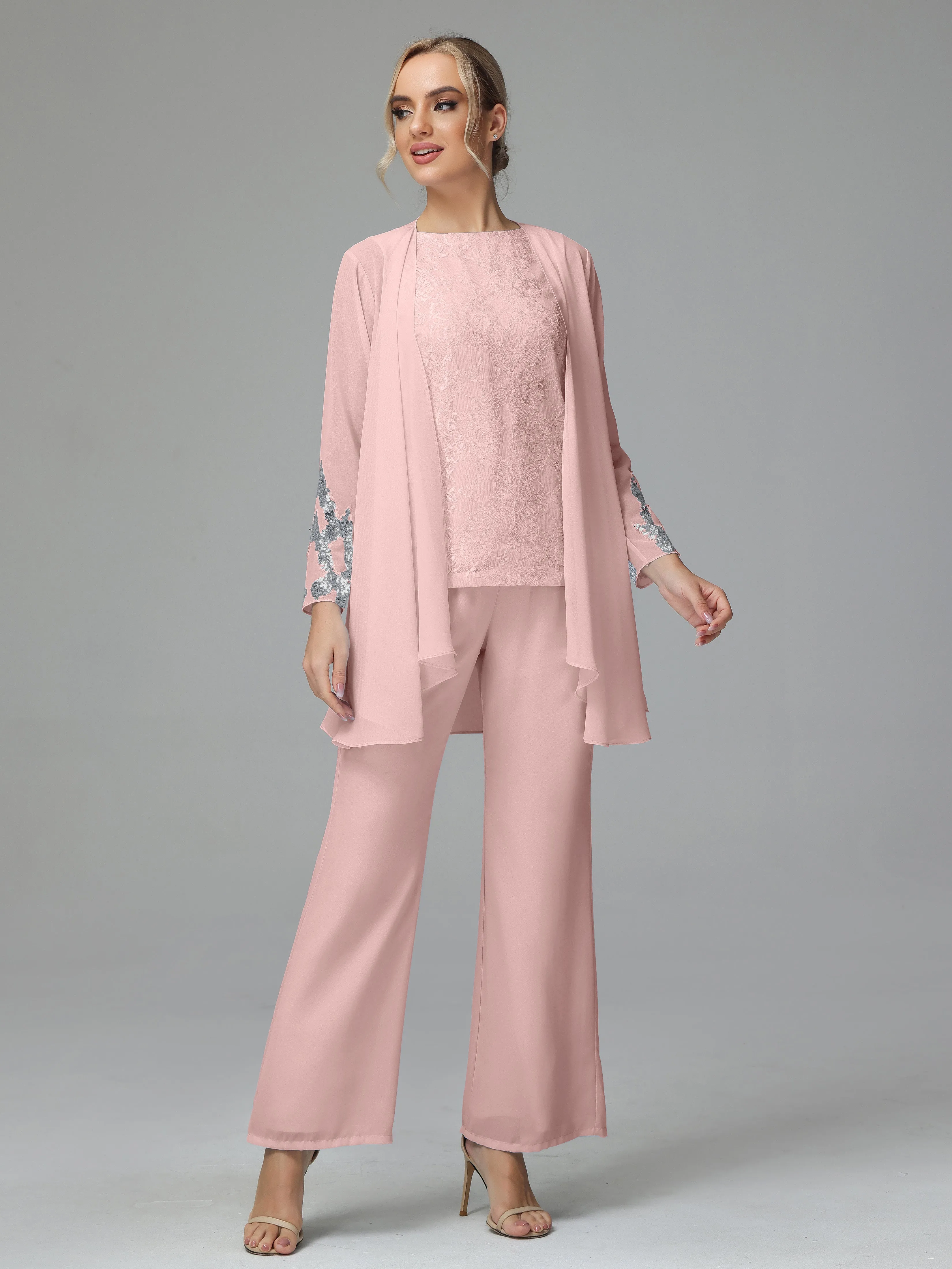 Chiffon 3 Pieces Mother of the Bride Dress Pant Suits With Appliques