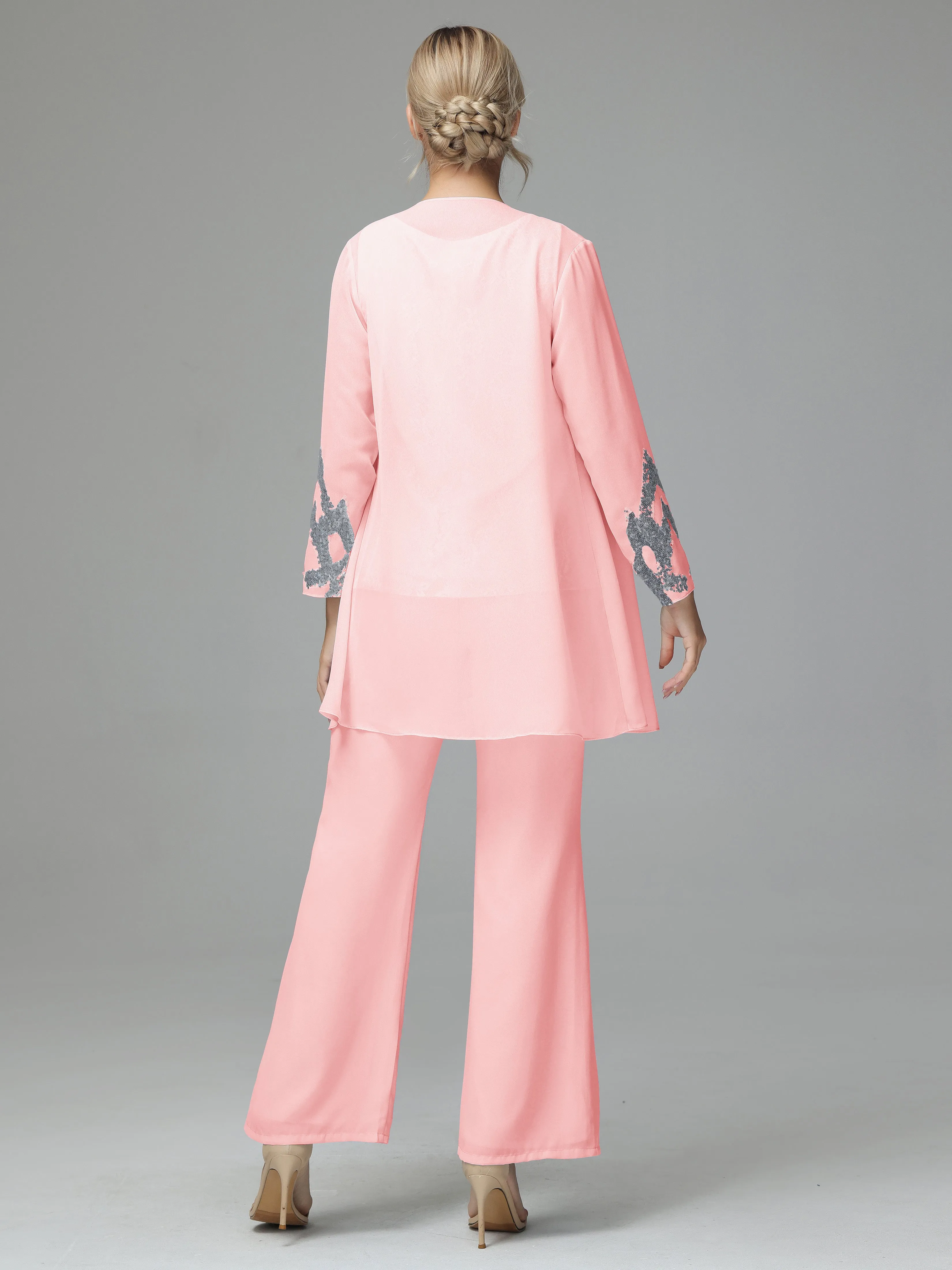 Chiffon 3 Pieces Mother of the Bride Dress Pant Suits With Appliques