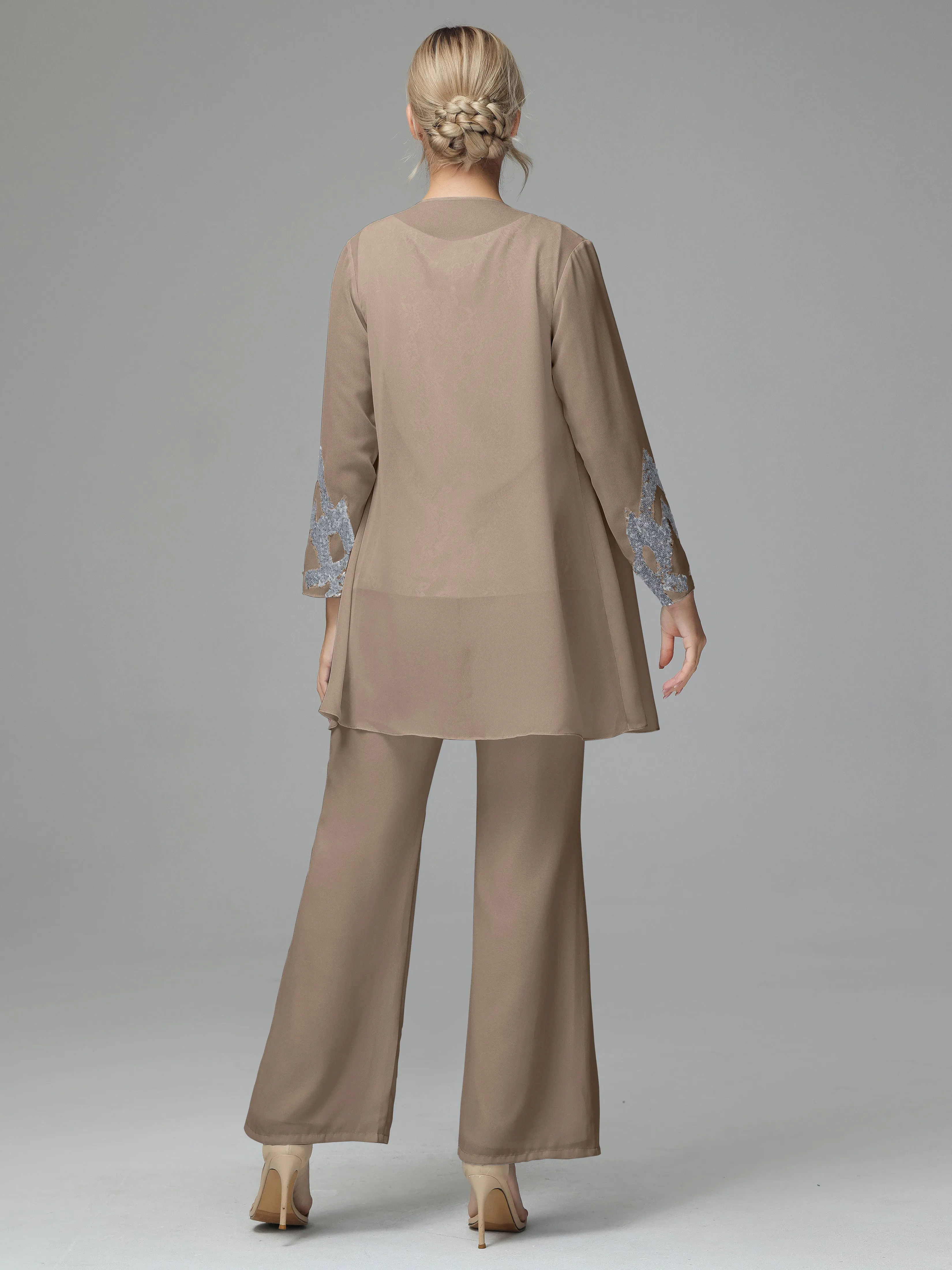 Chiffon 3 Pieces Mother of the Bride Dress Pant Suits With Appliques