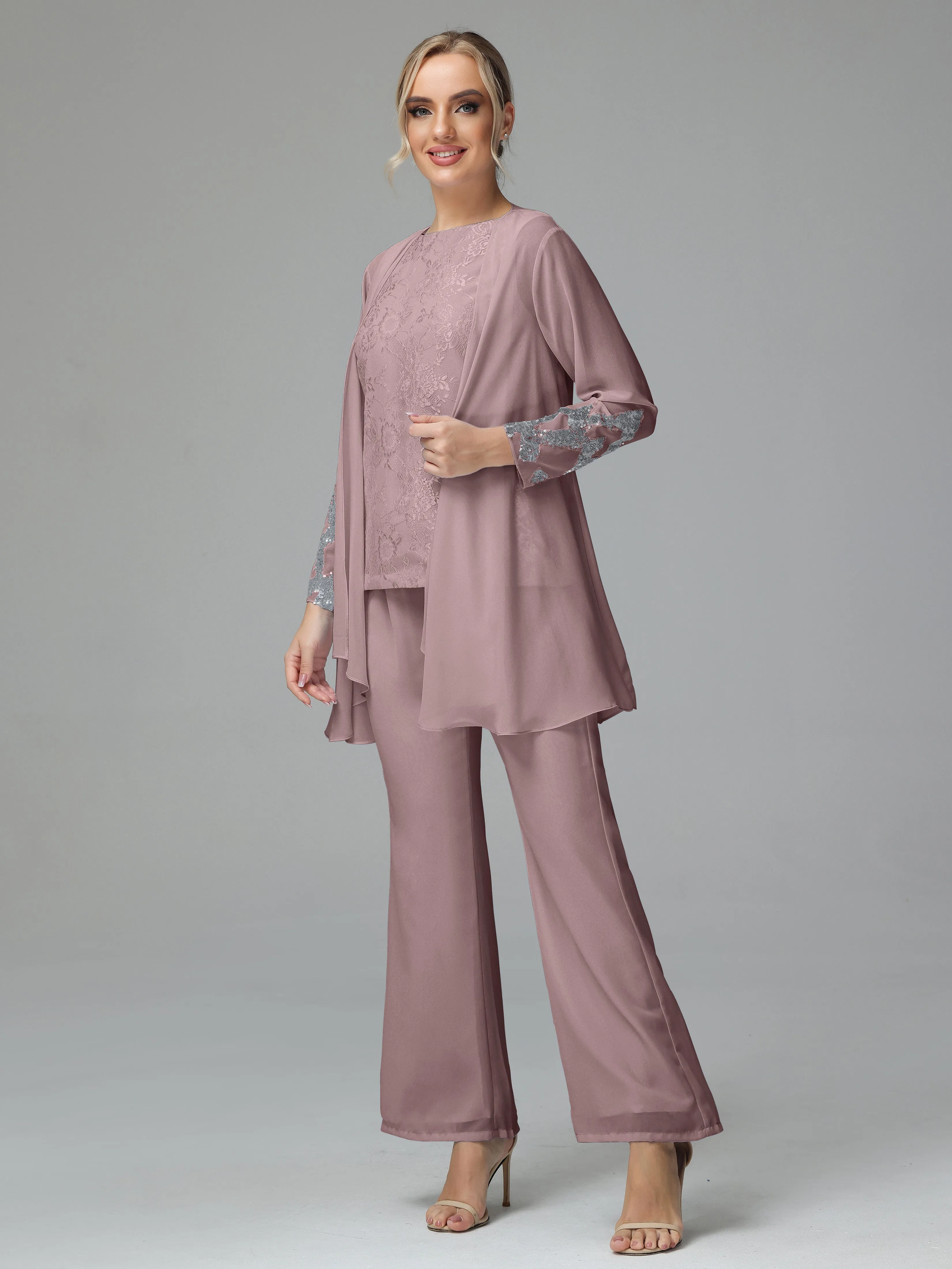 Chiffon 3 Pieces Mother of the Bride Dress Pant Suits With Appliques