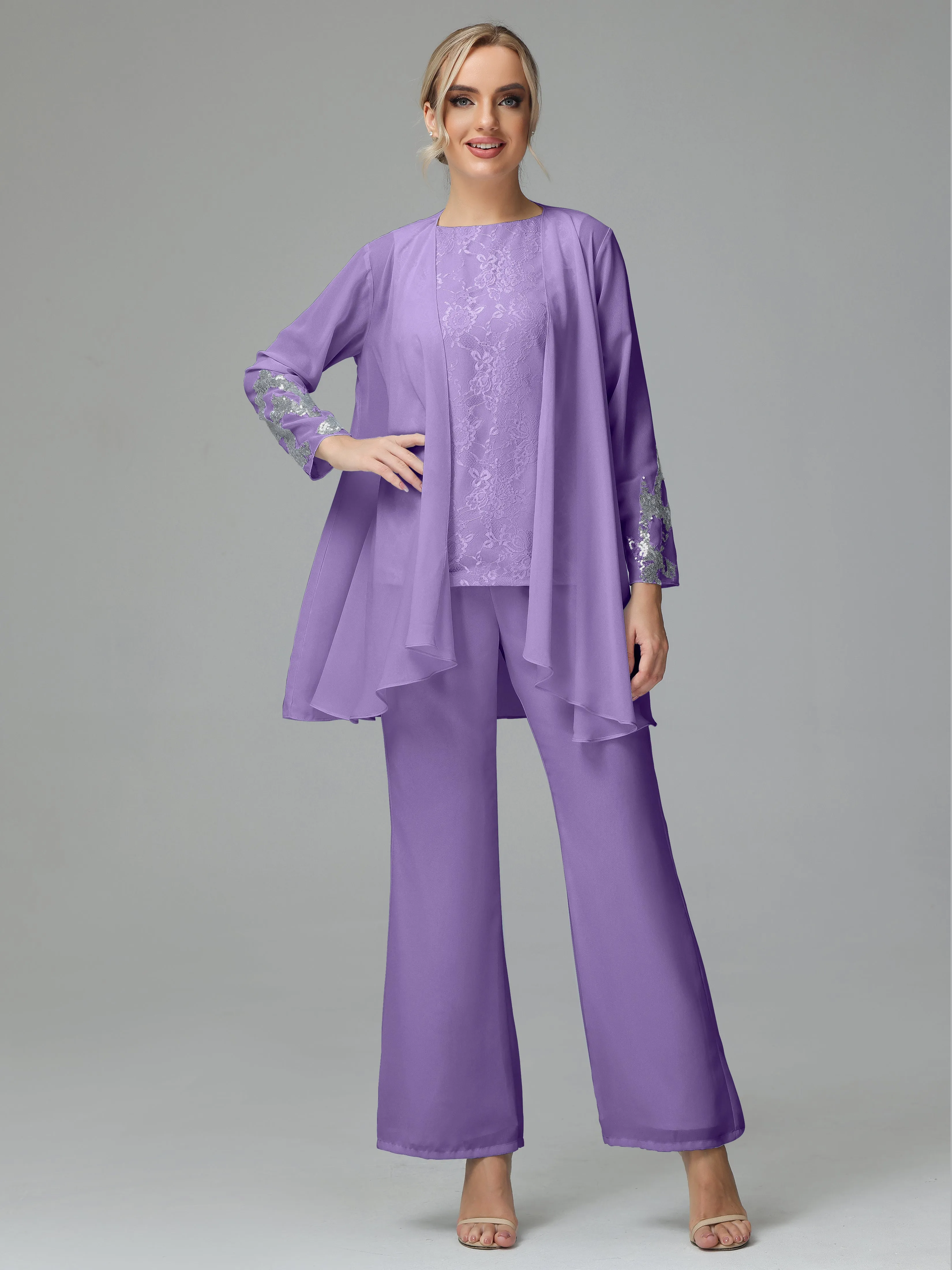 Chiffon 3 Pieces Mother of the Bride Dress Pant Suits With Appliques