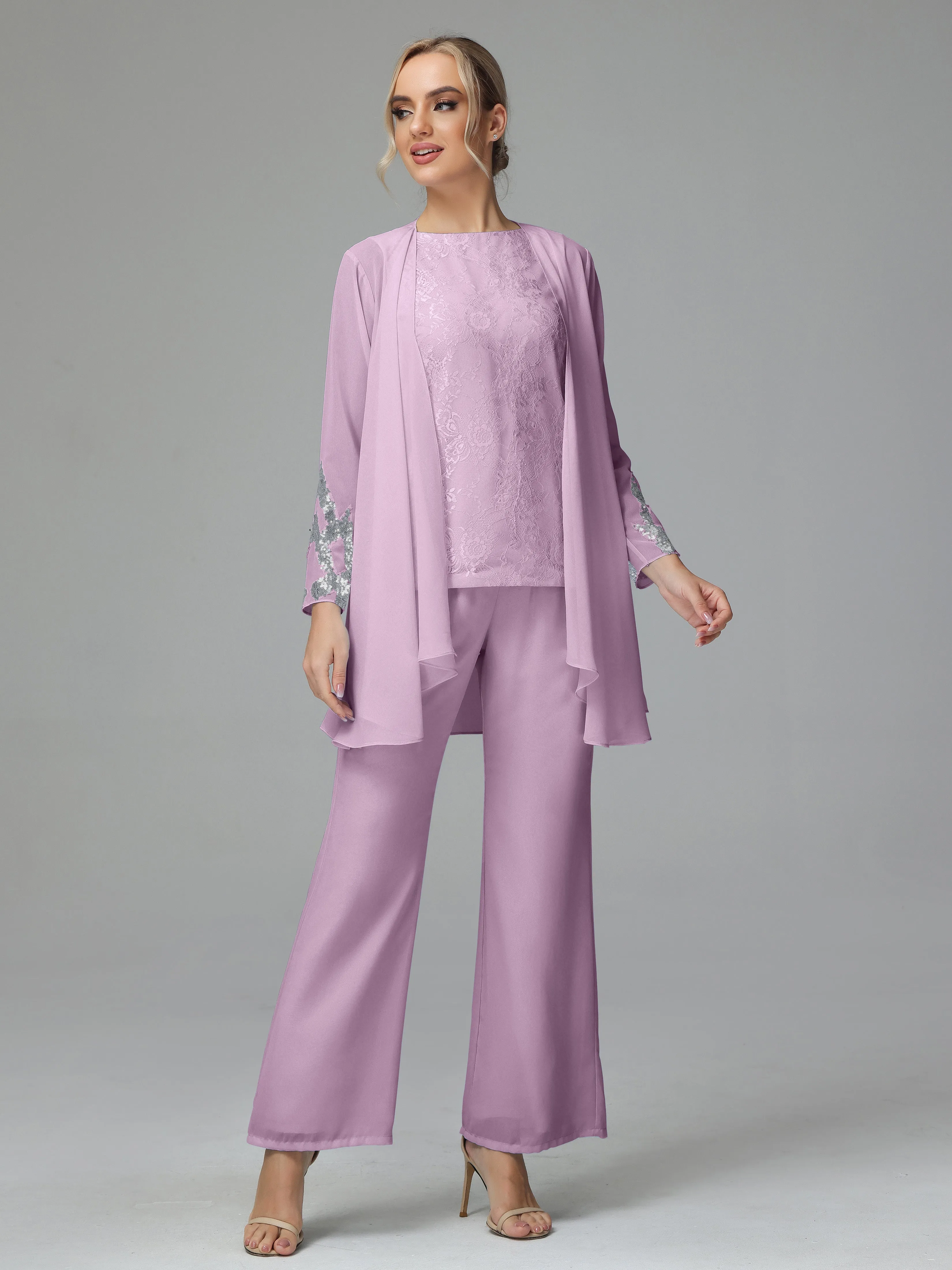 Chiffon 3 Pieces Mother of the Bride Dress Pant Suits With Appliques
