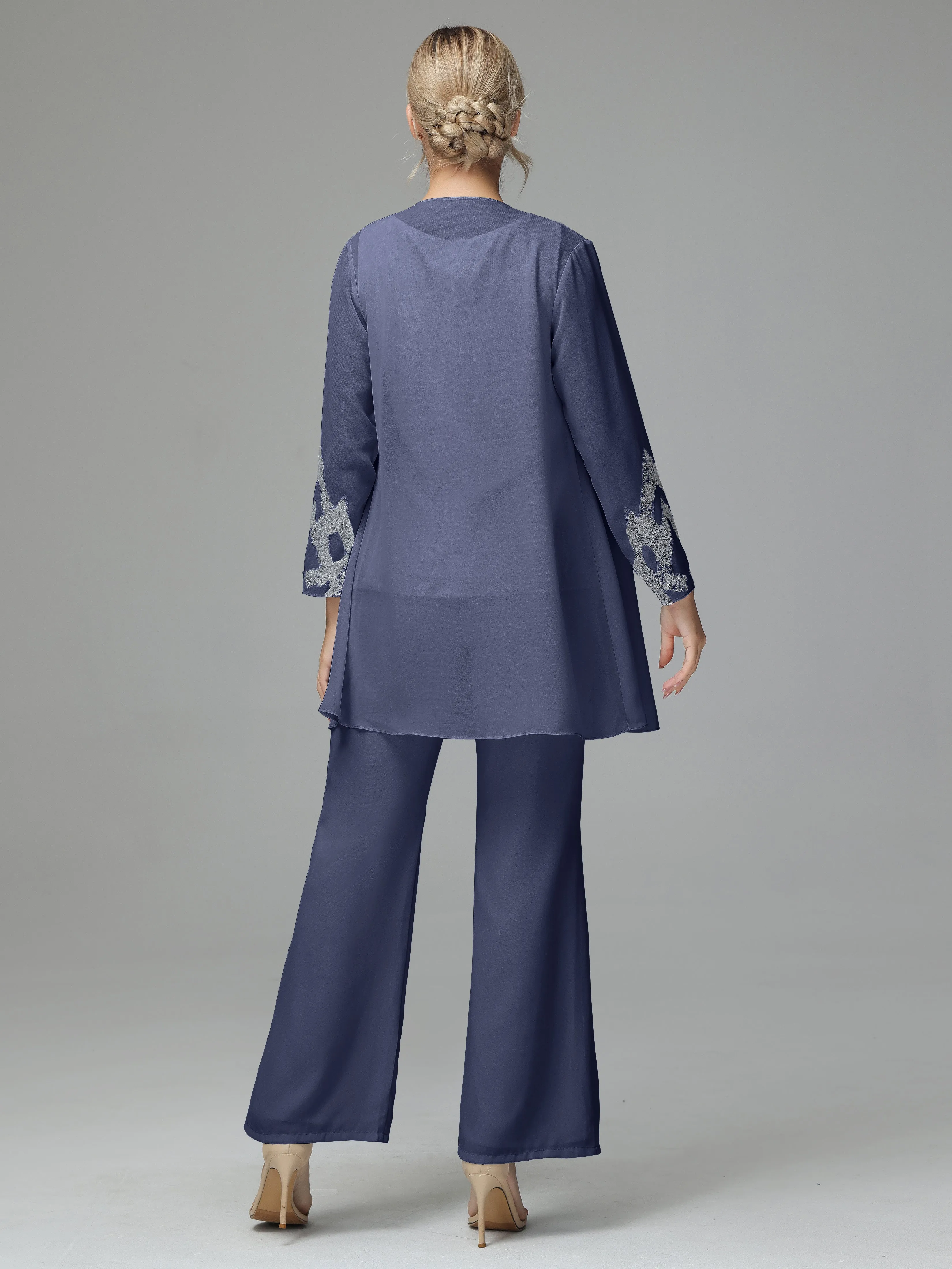Chiffon 3 Pieces Mother of the Bride Dress Pant Suits With Appliques
