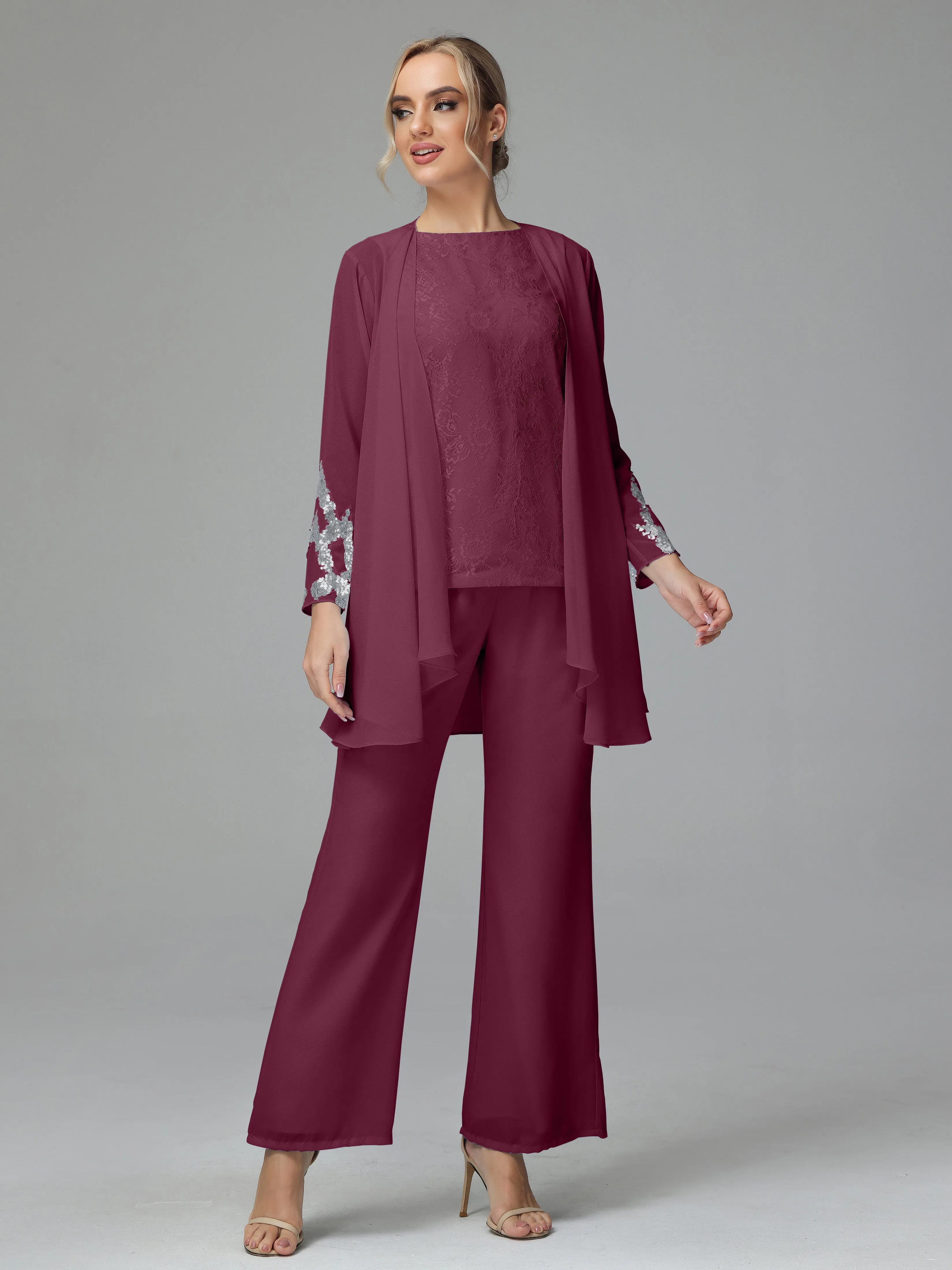 Chiffon 3 Pieces Mother of the Bride Dress Pant Suits With Appliques
