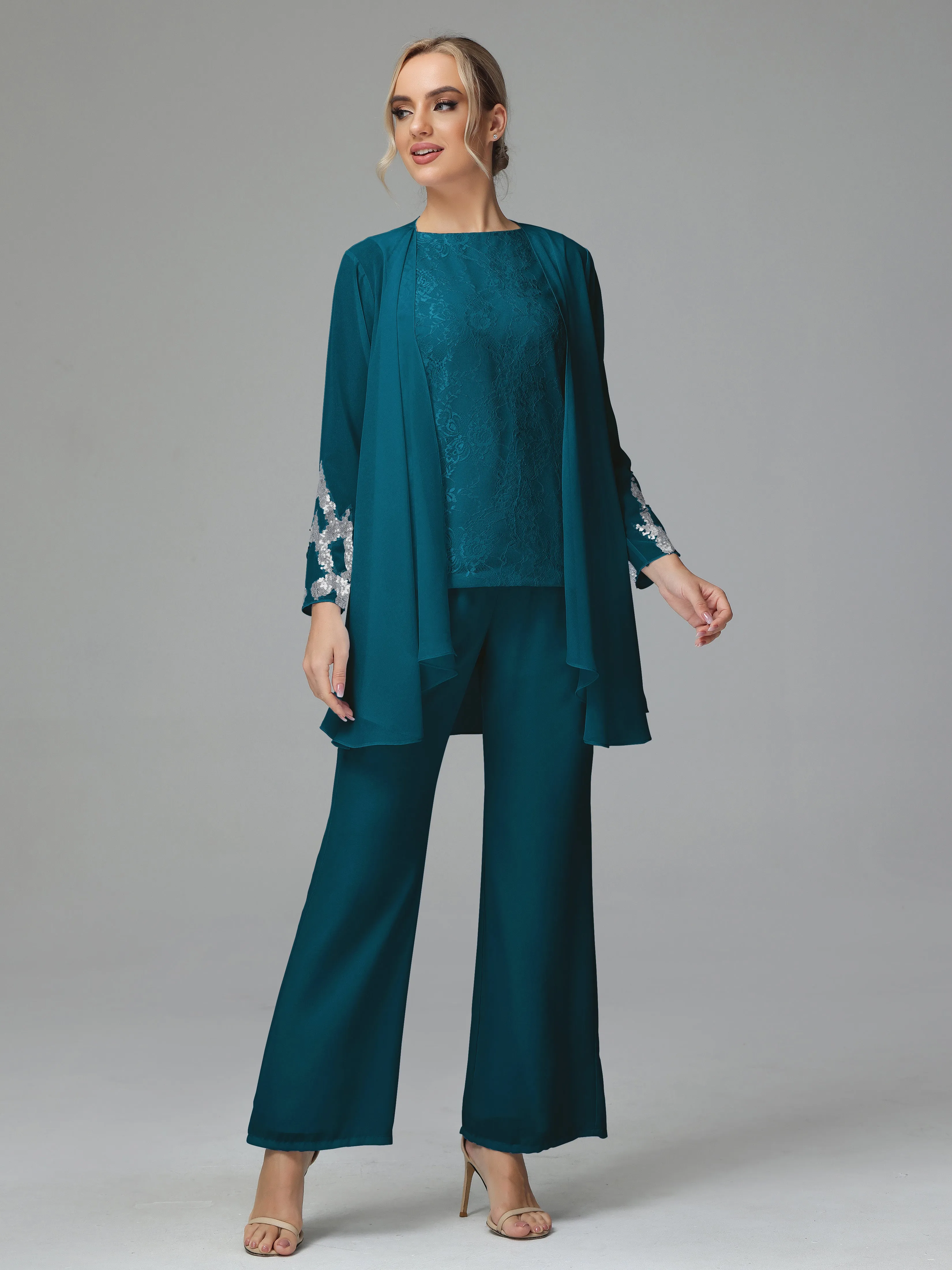 Chiffon 3 Pieces Mother of the Bride Dress Pant Suits With Appliques