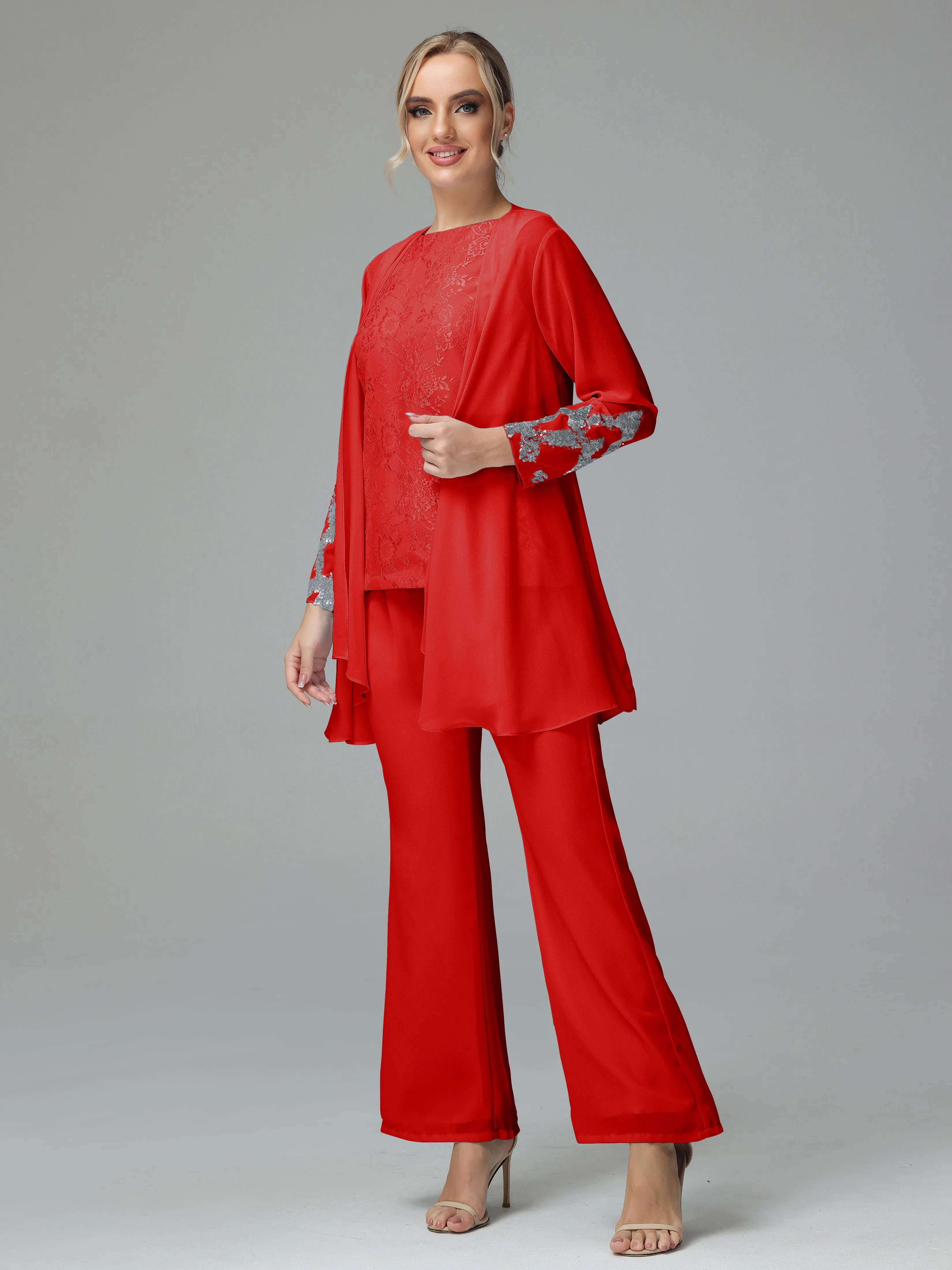 Chiffon 3 Pieces Mother of the Bride Dress Pant Suits With Appliques