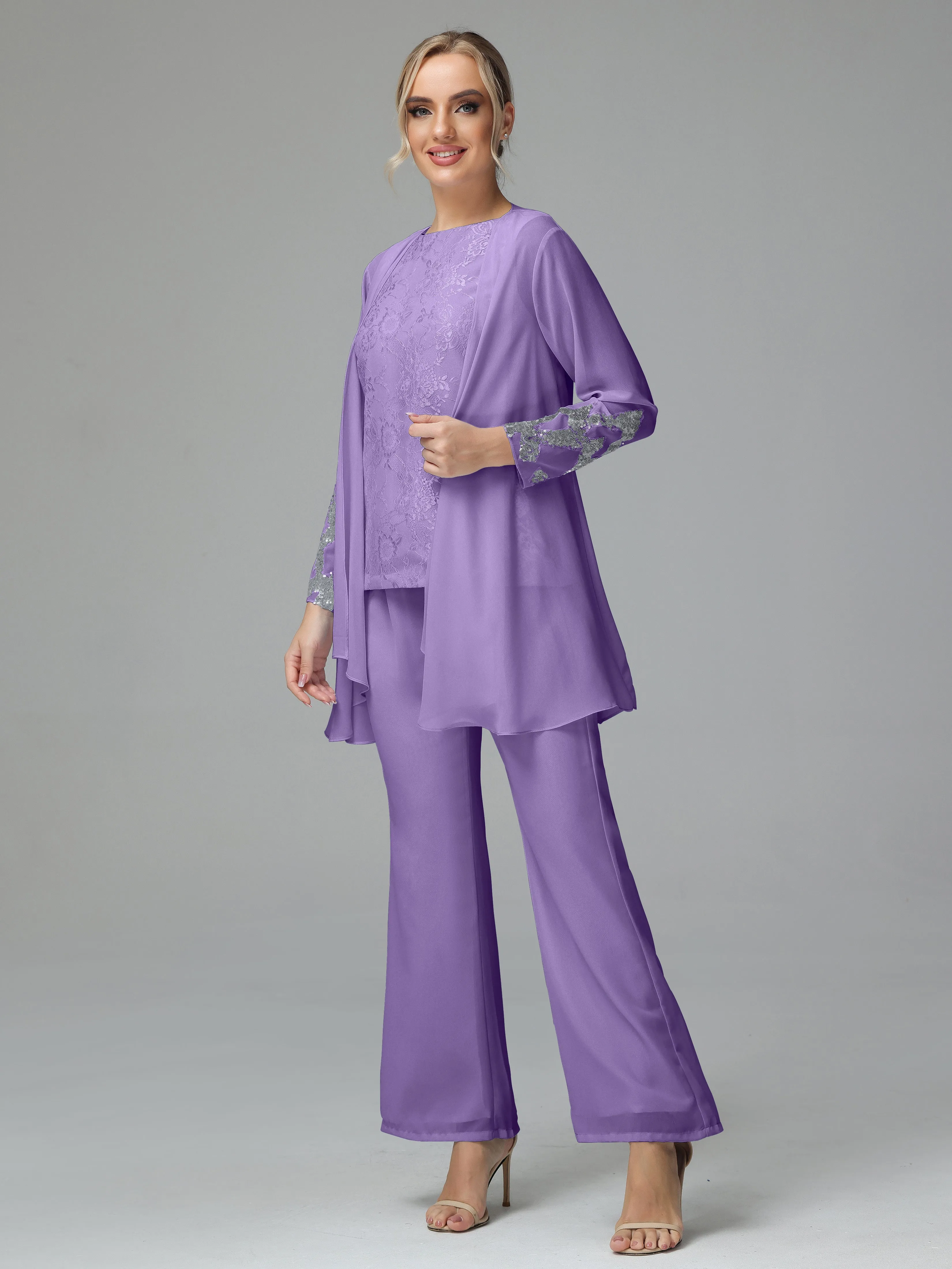 Chiffon 3 Pieces Mother of the Bride Dress Pant Suits With Appliques
