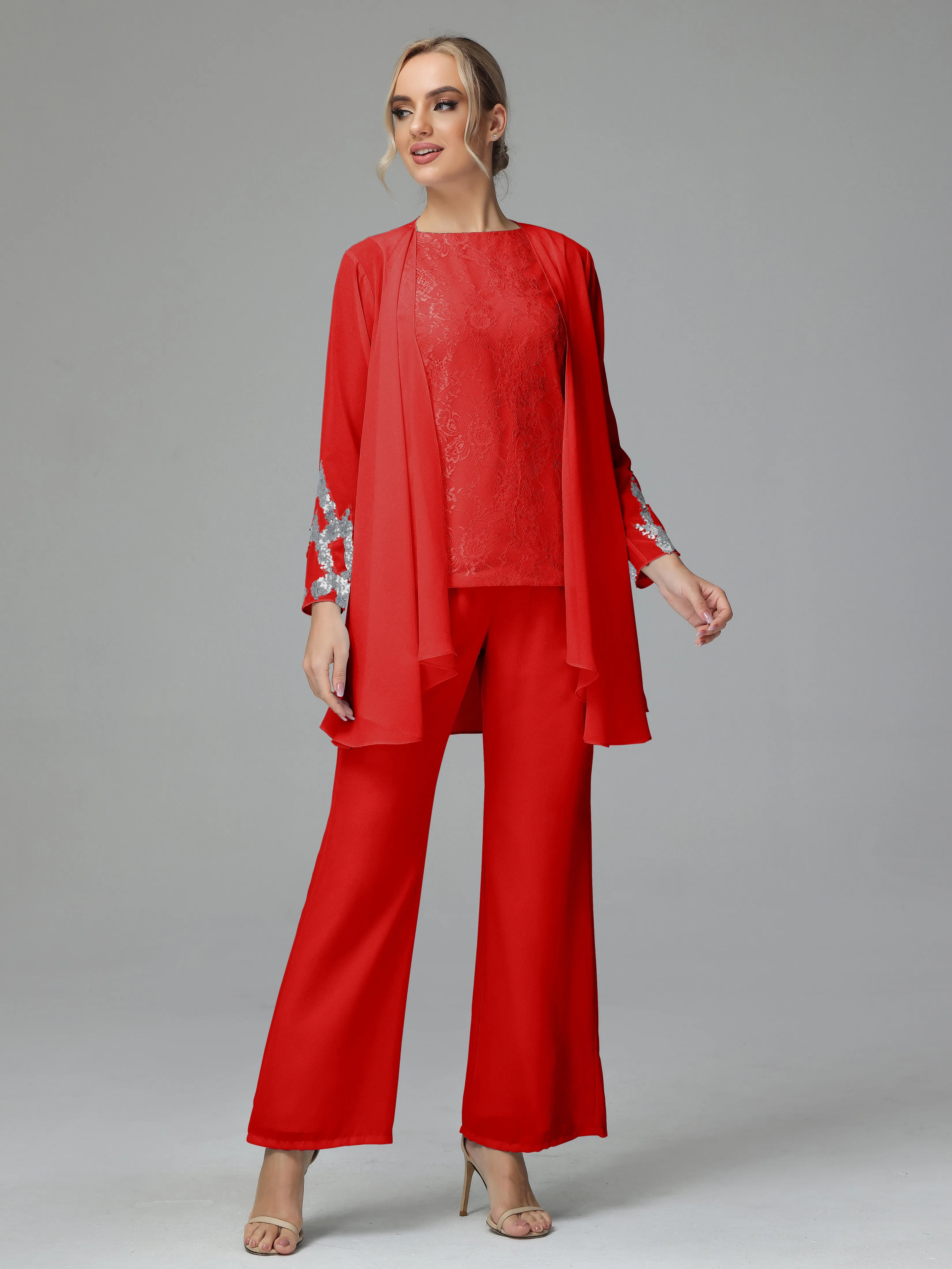 Chiffon 3 Pieces Mother of the Bride Dress Pant Suits With Appliques