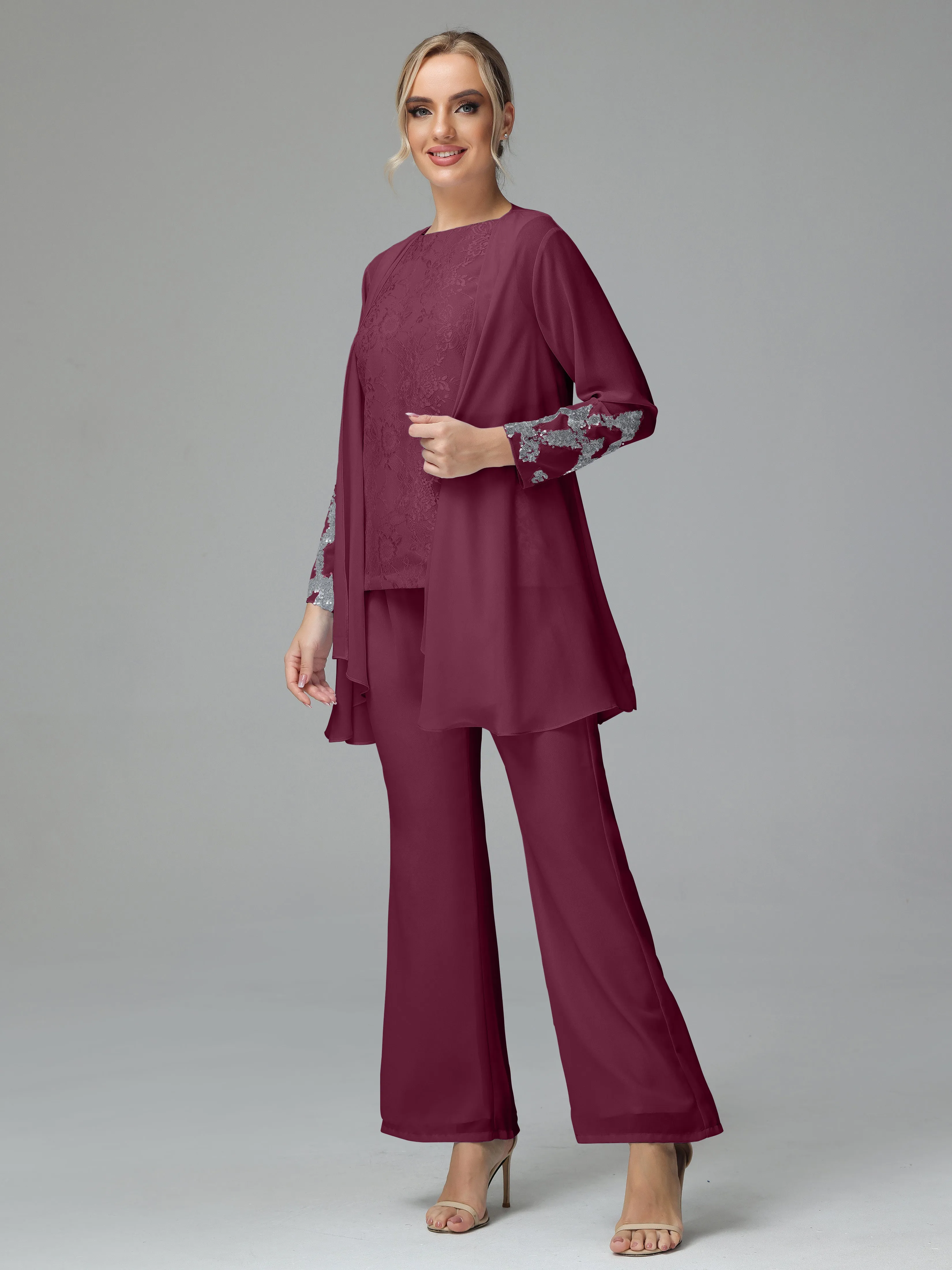 Chiffon 3 Pieces Mother of the Bride Dress Pant Suits With Appliques